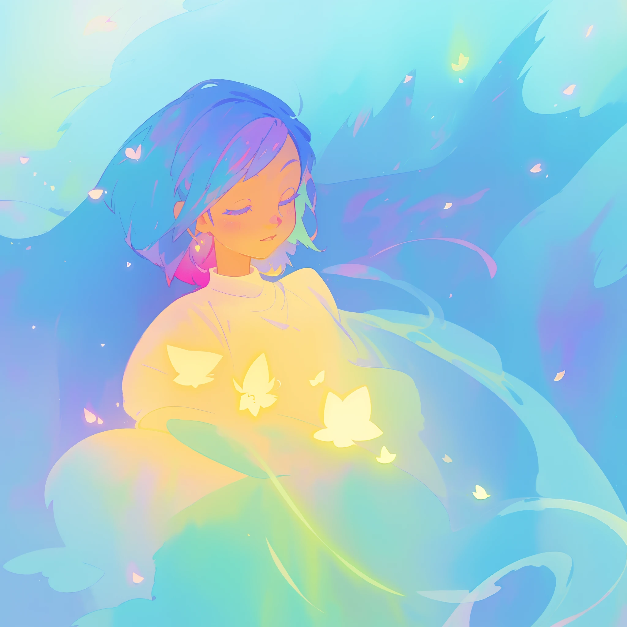 beautiful girl in yellow minut gradient flowing dress, long flowing blue purple pink hair, colorful fantasia background, watercolor illustration, disney art style, glowing aura around her, glowing lights, beautiful digital illustration, fantasia otherworldly landscape plants flowers, beautiful, masterpiece, best quality, anime disney style