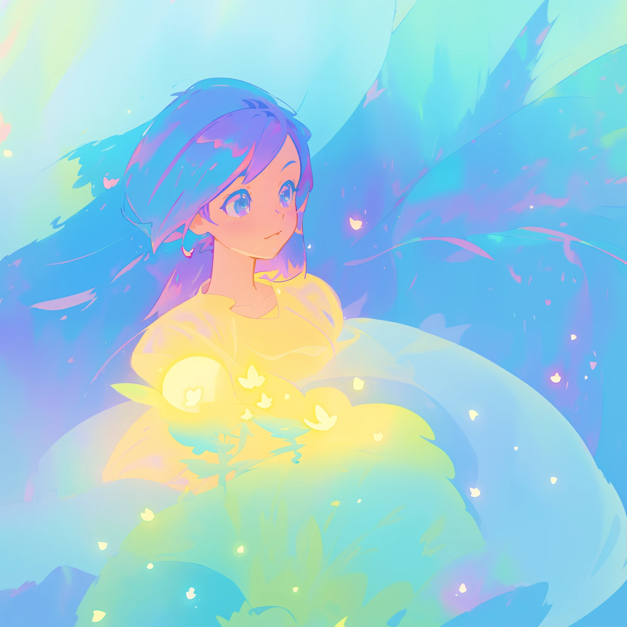 beautiful girl in yellow minut gradient flowing dress, long flowing blue purple pink hair, colorful fantasia background, watercolor illustration, disney art style, glowing aura around her, glowing lights, beautiful digital illustration, fantasia otherworldly landscape plants flowers, beautiful, masterpiece, best quality, anime disney style