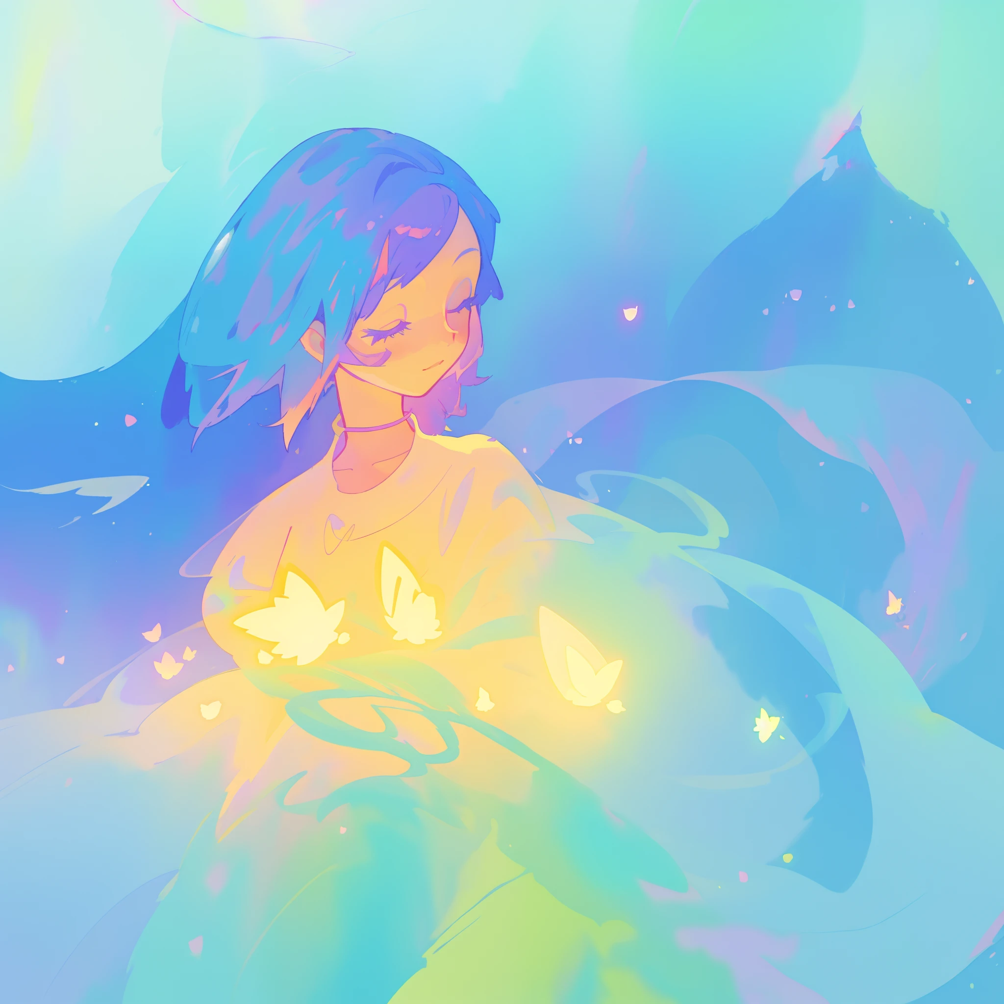 beautiful girl in yellow minut gradient flowing dress, long flowing blue purple pink hair, colorful fantasia background, watercolor illustration, disney art style, glowing aura around her, glowing lights, beautiful digital illustration, fantasia otherworldly landscape plants flowers, beautiful, masterpiece, best quality, anime disney style
