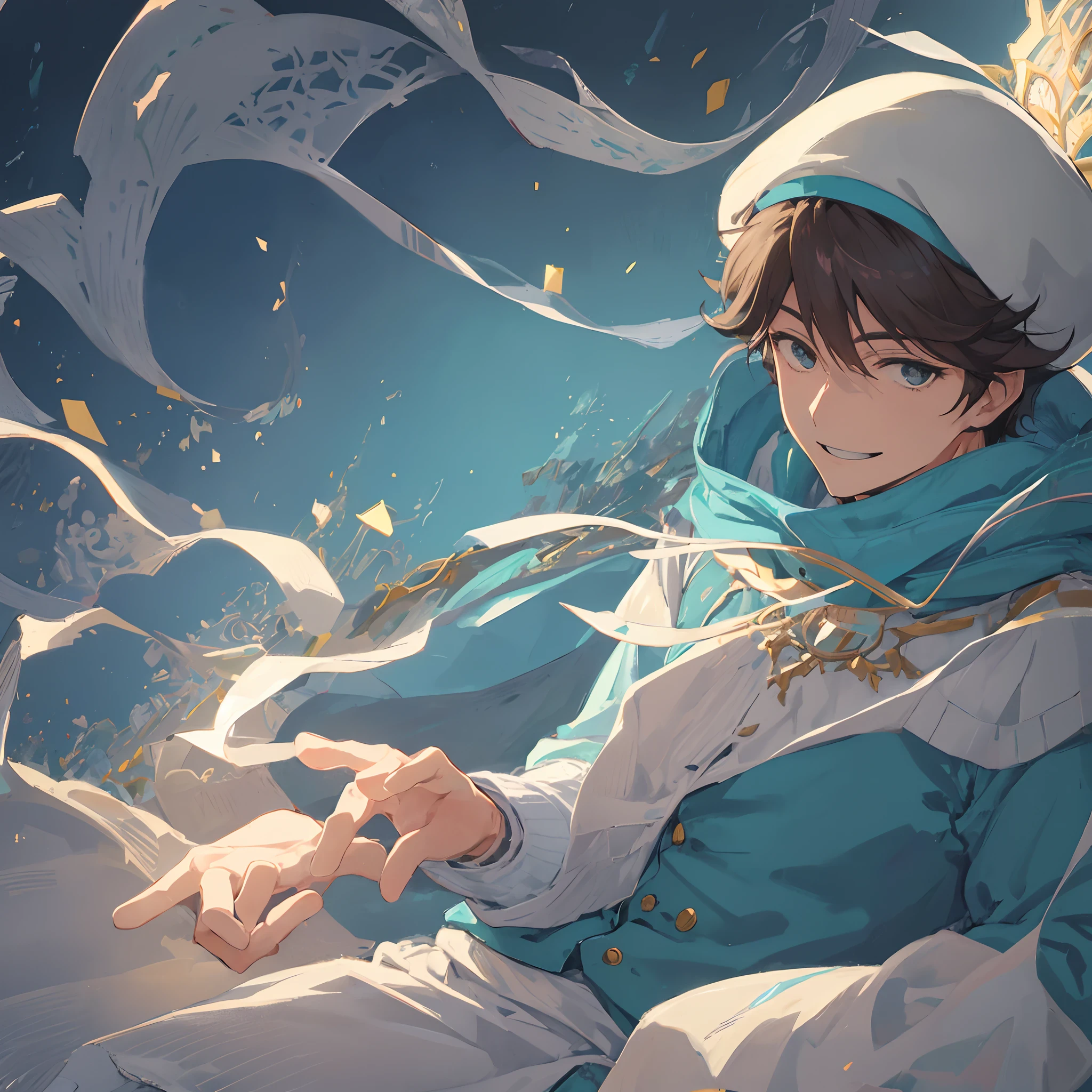 solo focus, handsome mature man, oikawa tooru, aqua blue sweater, ornate detailing, cinematic lighting, illustration, simple background, white beret, smiling, perfect anatomy