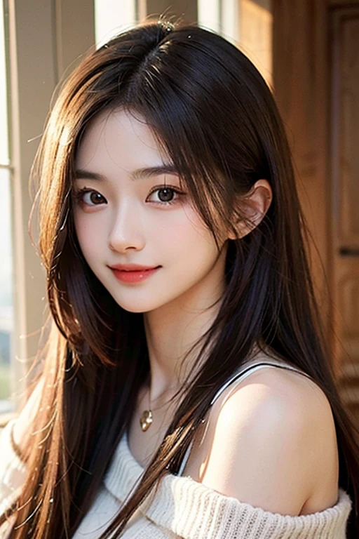 Very beautiful and angelic cute woman, beautiful and detailed eyes, thick double eyelids, (kissing face: 1.3), long eyelashes, see-through bangs, (beautiful detailed face and eyes: 1.4), small nose, small Mouth, beautiful long hair, white miniskirt (highest quality: 1.2), raw photo, high resolution, perfect details, professional shooting, beautiful legs, lighting