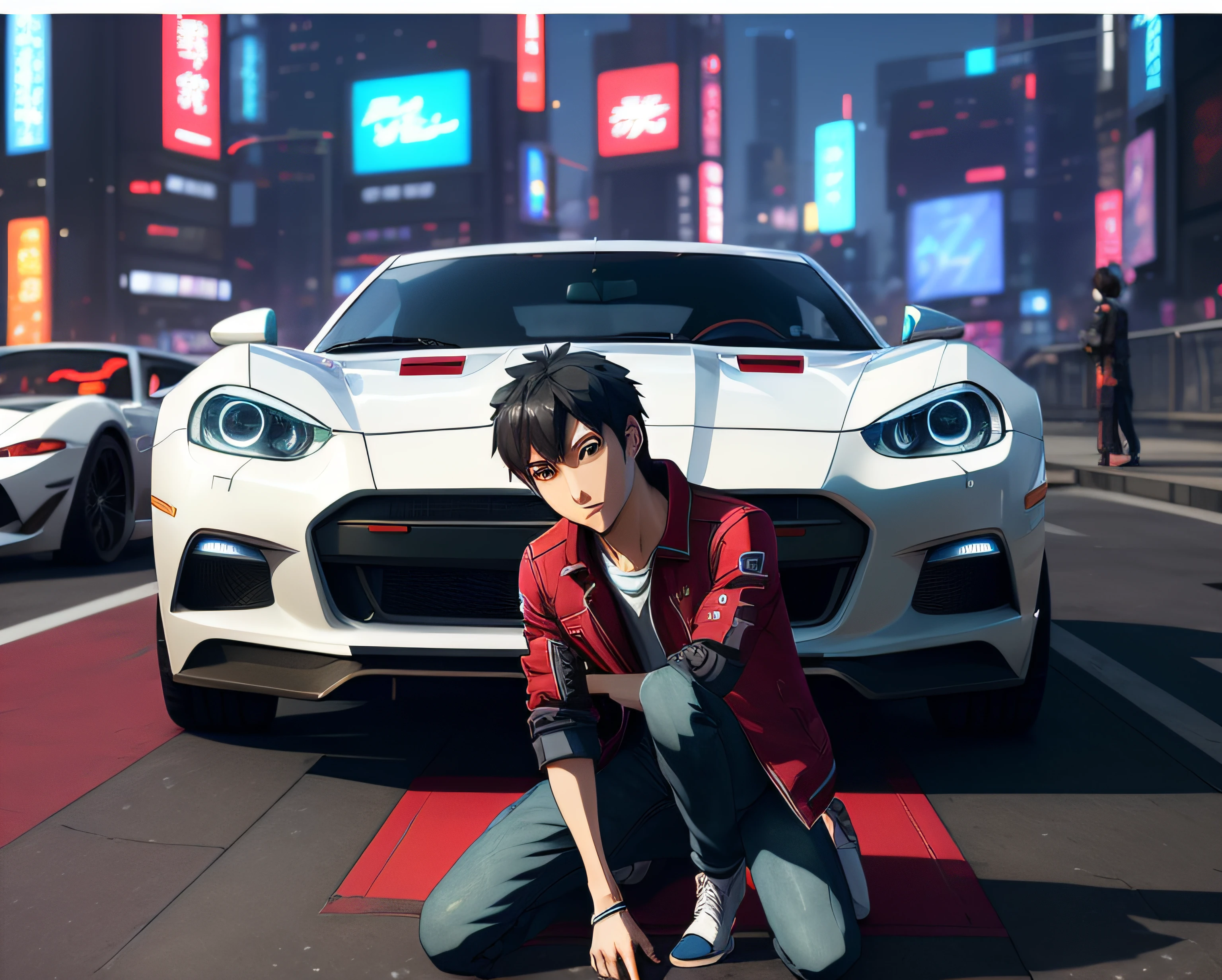 arafed young man kneeling on a red box in front of a white car, akihiko yoshida. unreal engine, promo art, realistic anime 3 d style, official render, promotional render, artwork in the style of guweiz, makoto shinkai. octane render, akira cgi movie stills, ross tran style, in the style of ross tran