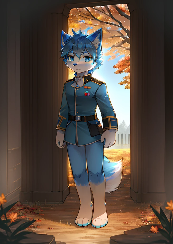 Normal situation (Fluffy blue fox boy), On the battlefield， standing on your feet，Face facing the camera， ((glomy， Detailed face, Clear big eyes，Blue eyes，Meticulous details)),  Natural and soft lighting, 8K, sfv, Autumn , Peaceful , (Fluffy paws), in a soldier uniform