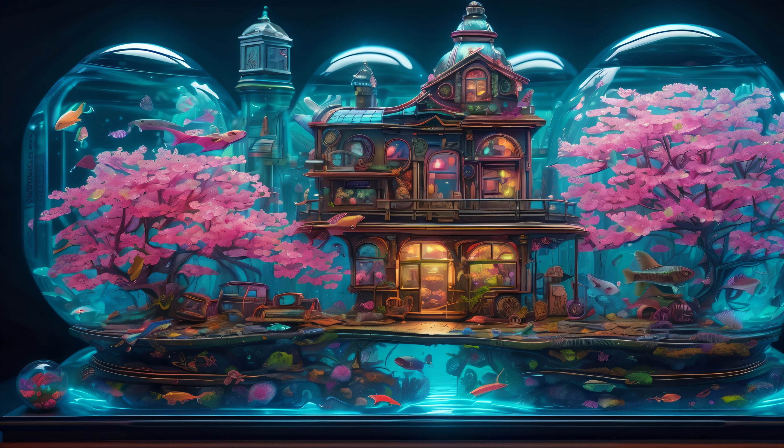 intricate underwater world fusion cherry blossoms street in a glass aquarium with neon lamp, in steampunk cityscape, gorgeous colored, rich colored, graphical illustration, super fine detailed, extremely detailed, ultra quality, high contrast, 16k, holographic rendering, hyper real, illumination lighting, multilayered,intricately detailed, mystical atmosphere, ball pen drawing, add digital coloring, photorealism,