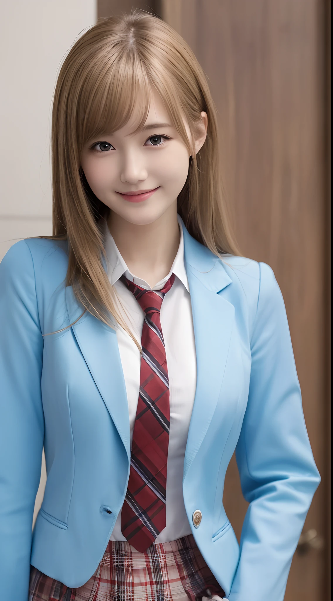 masutepiece,Best Quality,Ultra-detailed,finely detail,hight resolution,in 8K,((Photorealsitic:1.4,Raw photography,超A high resolution,Top image quality:1.4)),masutepiece、Best Quality、 ultra-detailliert、hight resolution、8K Wallpapers、Perfect dynamic composition,、Beautiful detailed eyes、(Beautiful breasts:1.1) 、Blue Blazer、student clothes、white  shirt、red necktie、Plaid brown skirt、1girl in、a beauty girl、Slender body type、High school students、Blonde head hair、(a blond)Shorthair、、Looks Back、ssmile、A smile