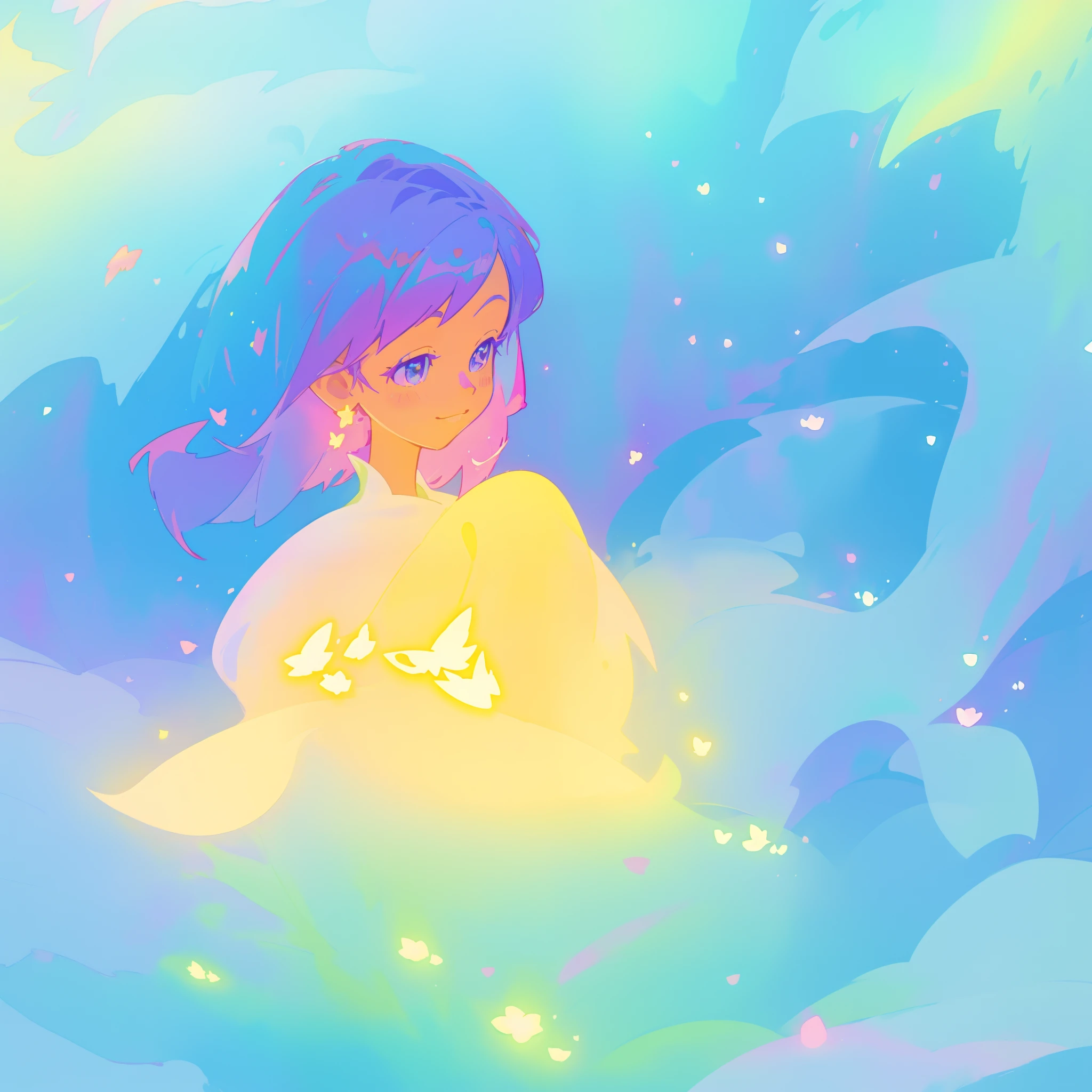 beautiful girl in yellow minut gradient flowing dress, long flowing blue purple pink hair, colorful fantasia background, watercolor illustration, disney art style, glowing aura around her, glowing lights, beautiful digital illustration, fantasia otherworldly landscape plants flowers, beautiful, masterpiece, best quality, anime disney style