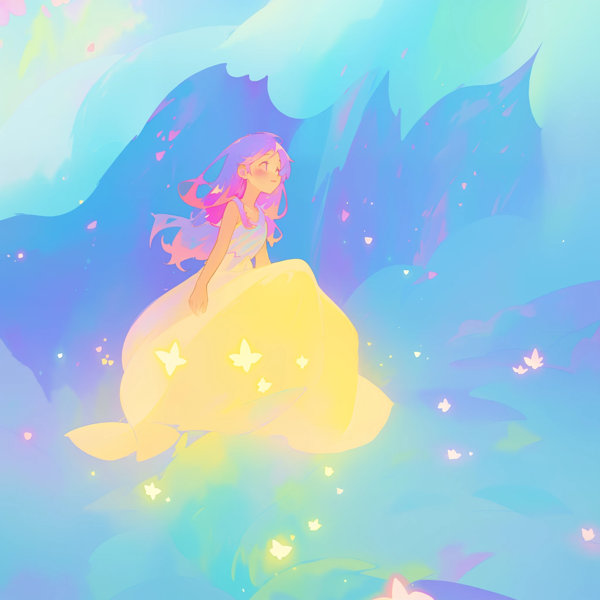 beautiful girl in yellow minut gradient flowing dress, long flowing blue purple pink hair, colorful fantasia background, watercolor illustration, disney art style, glowing aura around her, glowing lights, beautiful digital illustration, fantasia otherworldly landscape plants flowers, beautiful, masterpiece, best quality, anime disney style