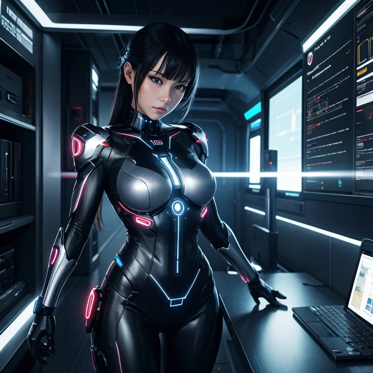 Lewd cyborg woman connected to docking station