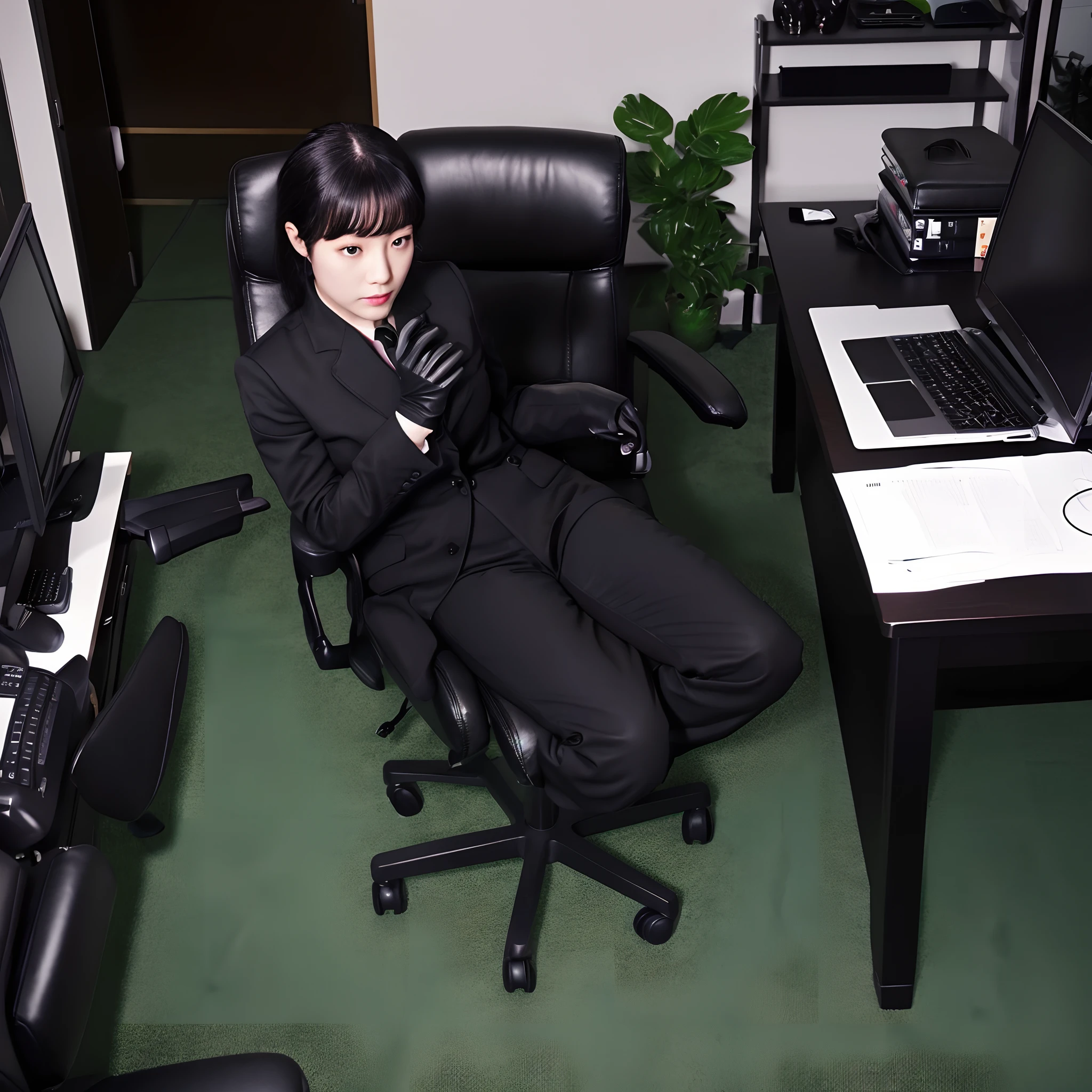 Wearing a black business pantsuit, Office in the Dark, facing a desk、While looking at the screen, tap the keys on the black laptop keyboard with the fingertips of the black leather gloves,Sitting on a large chair with a black leather backrest、 Black hair was tied back for a long time, Japan Female New Employees (Black leather gloves cover both hands) (The angle is frontal)、Black leather long boots
