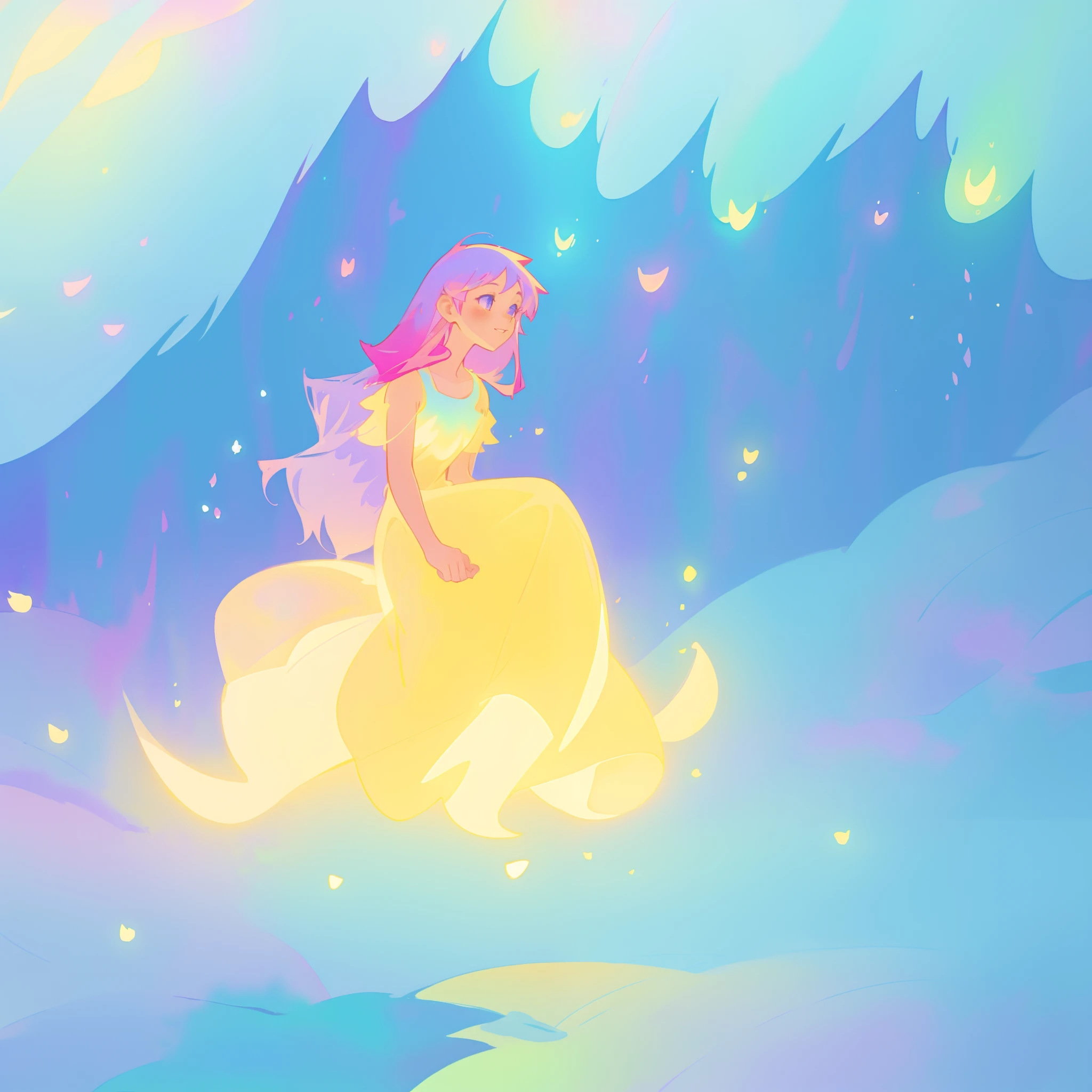 beautiful girl in yellow minut gradient flowing dress, long flowing blue purple pink hair, colorful fantasia background, watercolor illustration, disney art style, glowing aura around her, glowing lights, beautiful digital illustration, fantasia otherworldly landscape plants flowers, beautiful, masterpiece, best quality, anime disney style