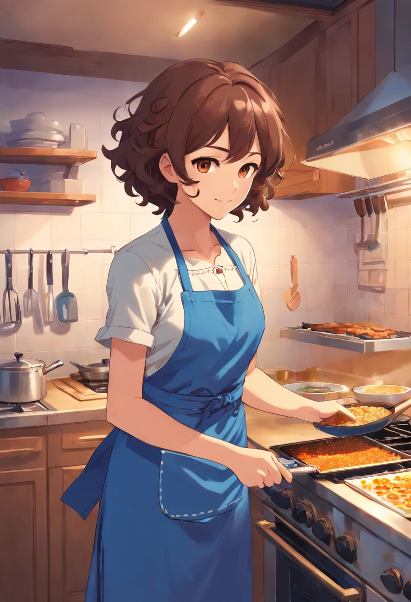 A curly-haired mom，Brown eyes，Clothes wearing a blue apron， Cooking