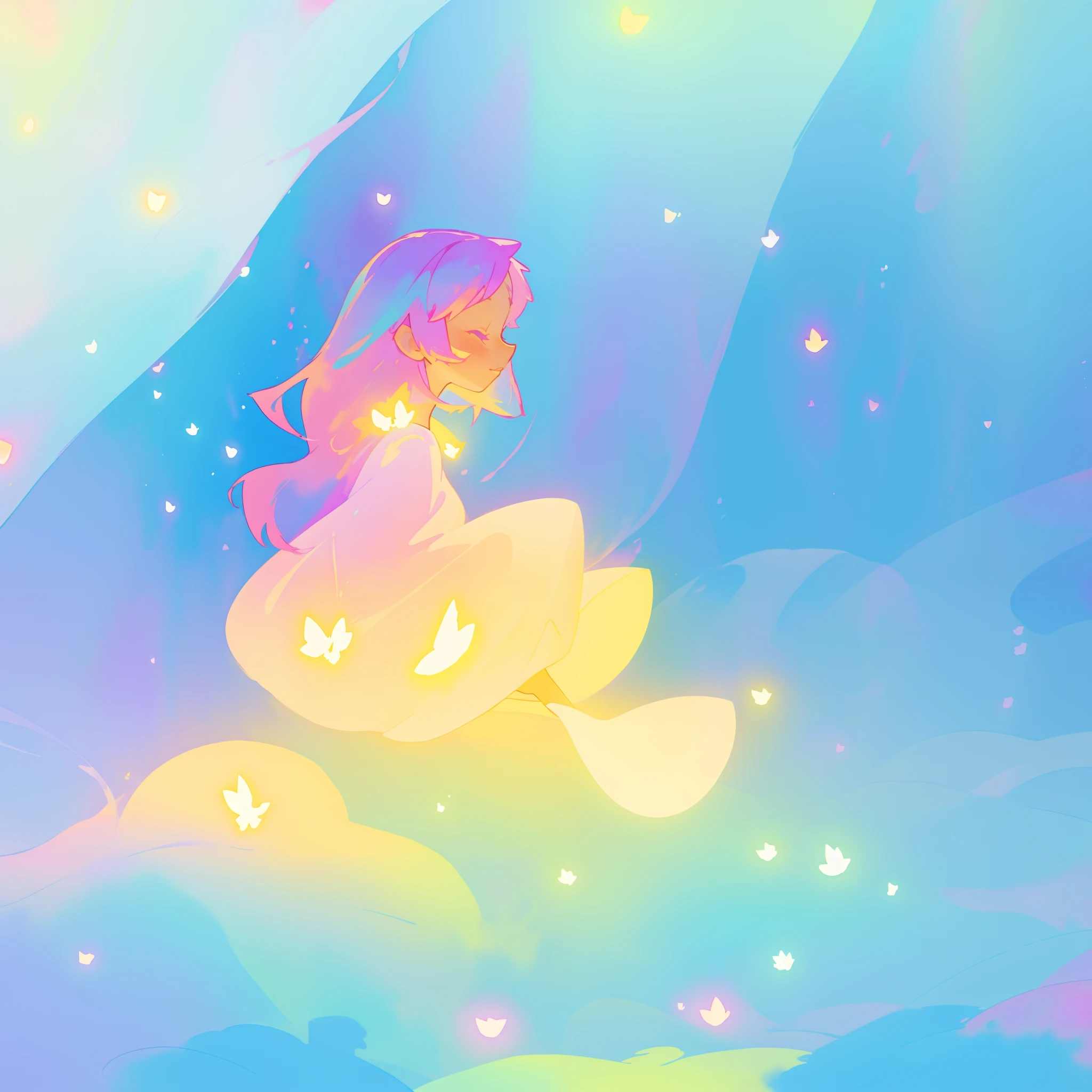 beautiful girl in yellow minut gradient flowing dress, long flowing blue purple pink hair, colorful fantasia background, watercolor illustration, disney art style, glowing aura around her, glowing lights, beautiful digital illustration, fantasia otherworldly landscape plants flowers, beautiful, masterpiece, best quality, anime disney style
