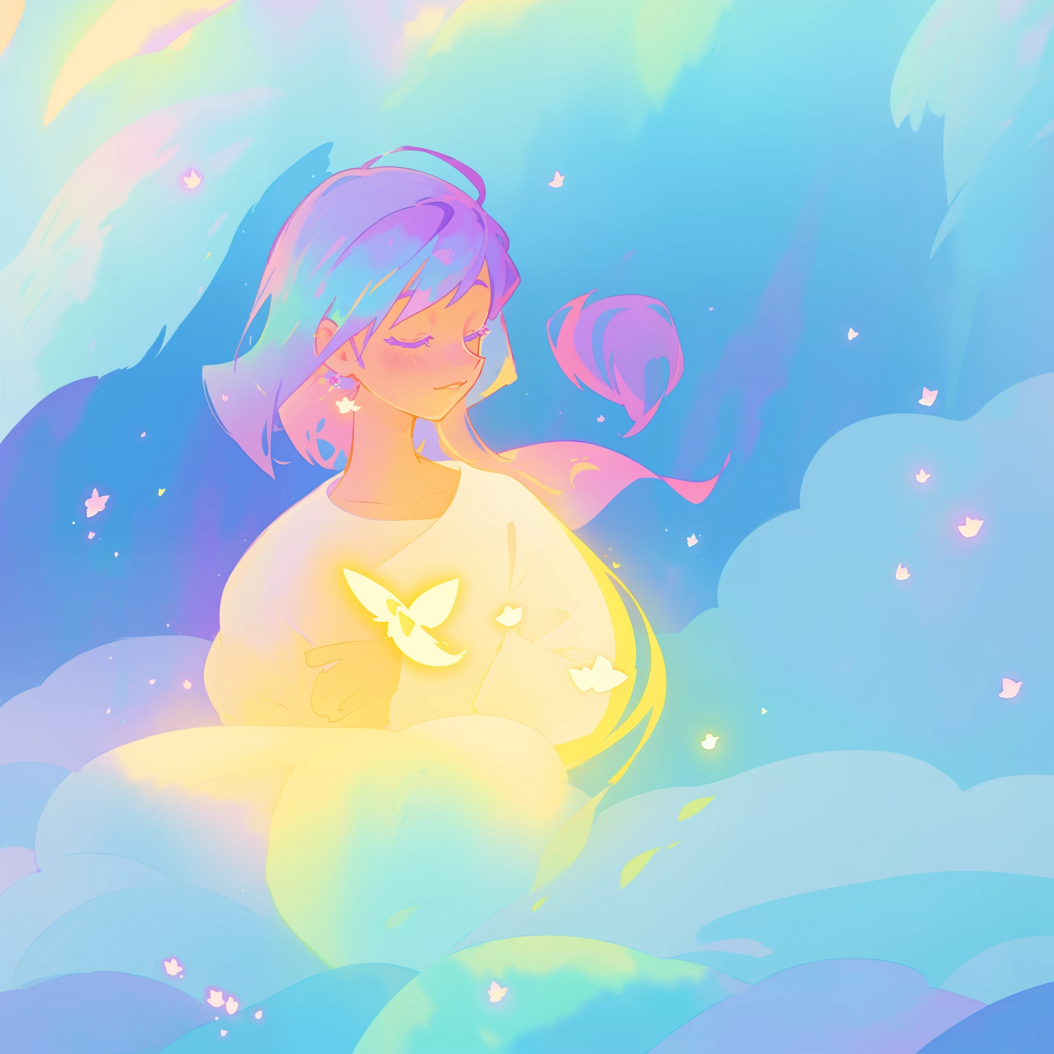 beautiful girl in yellow minut gradient flowing dress, long flowing blue purple pink hair, colorful fantasia background, watercolor illustration, disney art style, glowing aura around her, glowing lights, beautiful digital illustration, fantasia otherworldly landscape plants flowers, beautiful, masterpiece, best quality, anime disney style