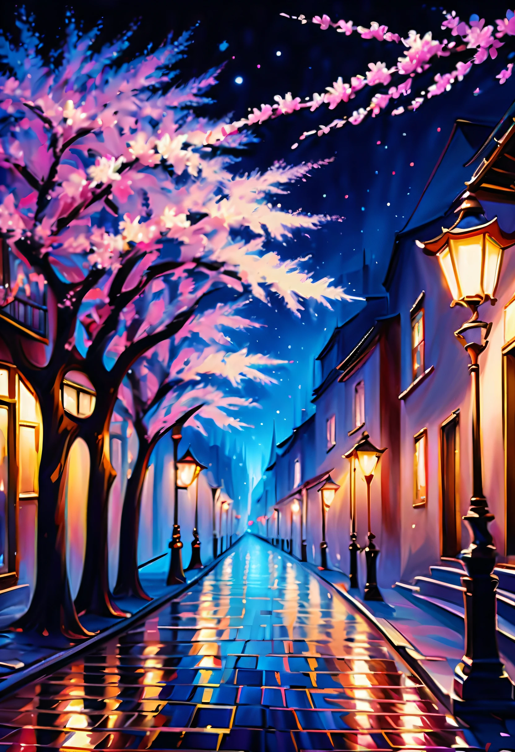 imagine a breathtaking painting of a art street lined with trees, majestic and awe-inspiring cityscape, charming cherry blossoms street, fantastical world, grand and majestic cityscape, mesmerizing beauty of a starry night, ethereal illusions, intricate strokes and delicate details, mesmerizing illustration, black techniques and luminous paint, stunning concept art of breathtaking landscape, stunning visual representation, (((radiosity rendered in stunning 32k resolution beauty:1.3))),