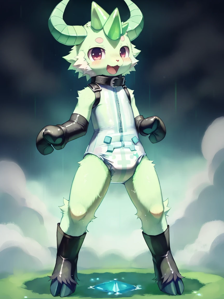 ((by wadorigi on Twitter)(Lamb)), pokemon, ??? proportions, cute, adorable , thin thighs, hooves, upper limb hooves, light green fur, emerald horns, surrounded by swirling hurricane, wearing soggy messy diaper leotard straitjacket, (leather cube shaped padded fist mitts), leather wrist cuffs, standing