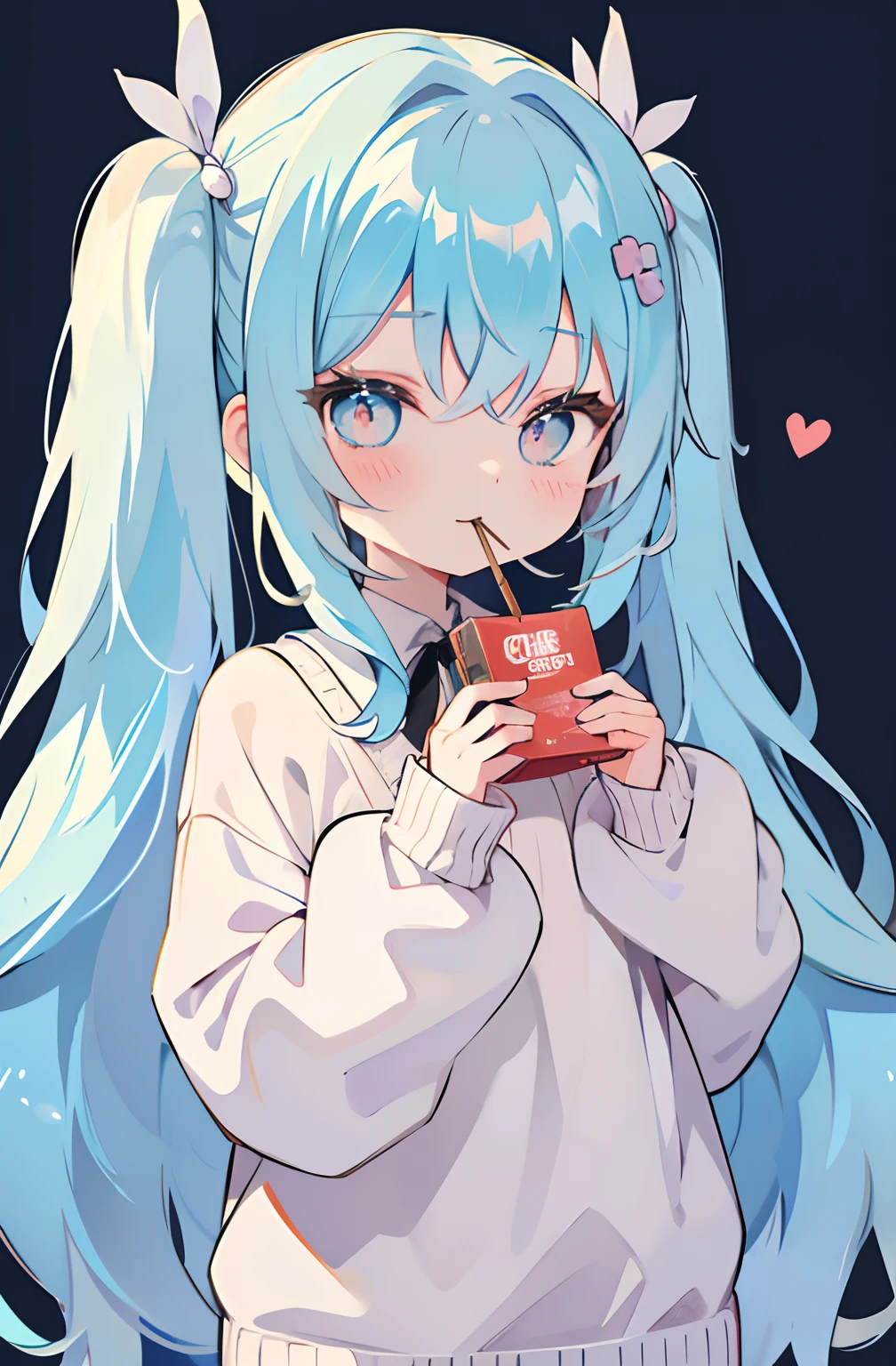 girl with, Pocky Games、(((He has a Pocky in his mouth)))Viewer's Perspective、Eyes closed、(((1girl in、8K、Masterpiece、masutepiece)))Neck-to-neck sweater、Sweater looking warm、((The upper part of the body))、He is happily holding a Pocky、Nikkori smiling、Delicious-looking Pocky、Light blue hair、long hair、Long、Twin-tailed、((Twin-tailed))、、cute little、Background Simple、Light blue hair