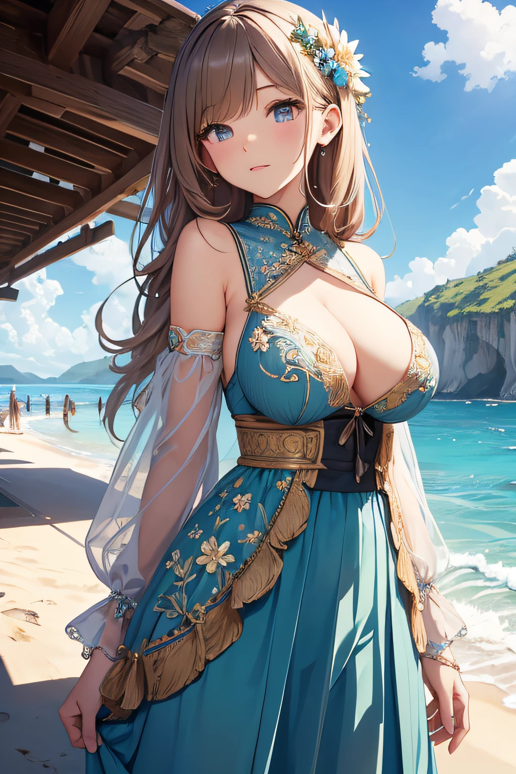 ​masterpiece、Background with（（sea side、sand beach））、20yr old、a beauty girl、huge tit、Highly detailed embroidery on the dress、skirt by the、