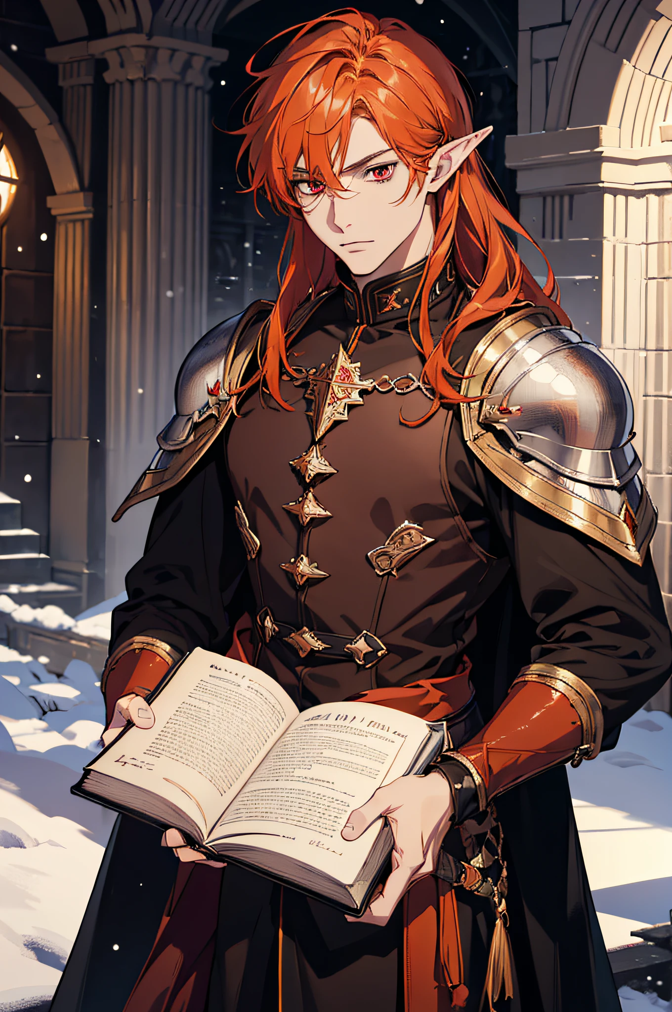 (absurdres, highres, ultra detailed), 1 man, adult, beautiful, elf, pointy ears, long orange hair, red eyes, detailed face and detailed eyes, fantasy, dark brown clothes, warrior, leather armor, strong, very muscular, holding magic book, snow, colorful, magician, libary