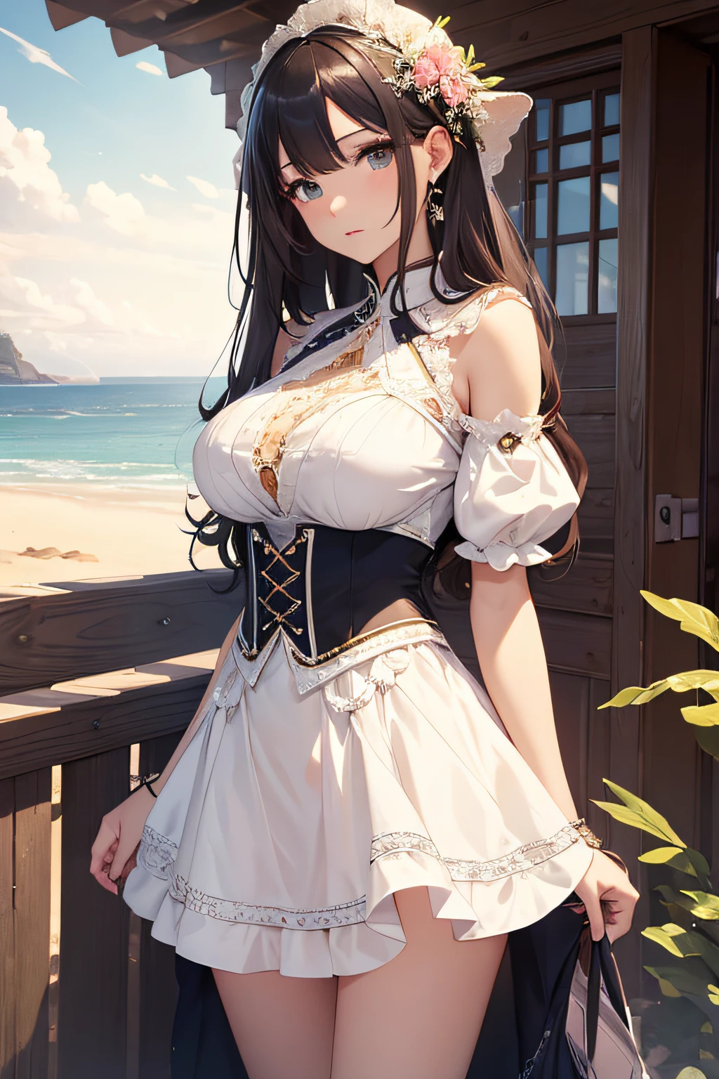 (High quality, High resolution, Fine details, Realistic), Long Wave Hair、dark brown hair、Earring、Modest necklace、Off-the-shoulder white shirt,light yellow flared skirt, crystal clear skies, Strong sunshine, Solo, Adult Woman, Sparkling eyes, Smile, blush, Large breasts, Oily skin, Shallow depth of field、Puffy nipple、Pose with chest emphasis in a slouching position、Holding the skirt with your hands Skirt Fuwari、sand beach、Lying down