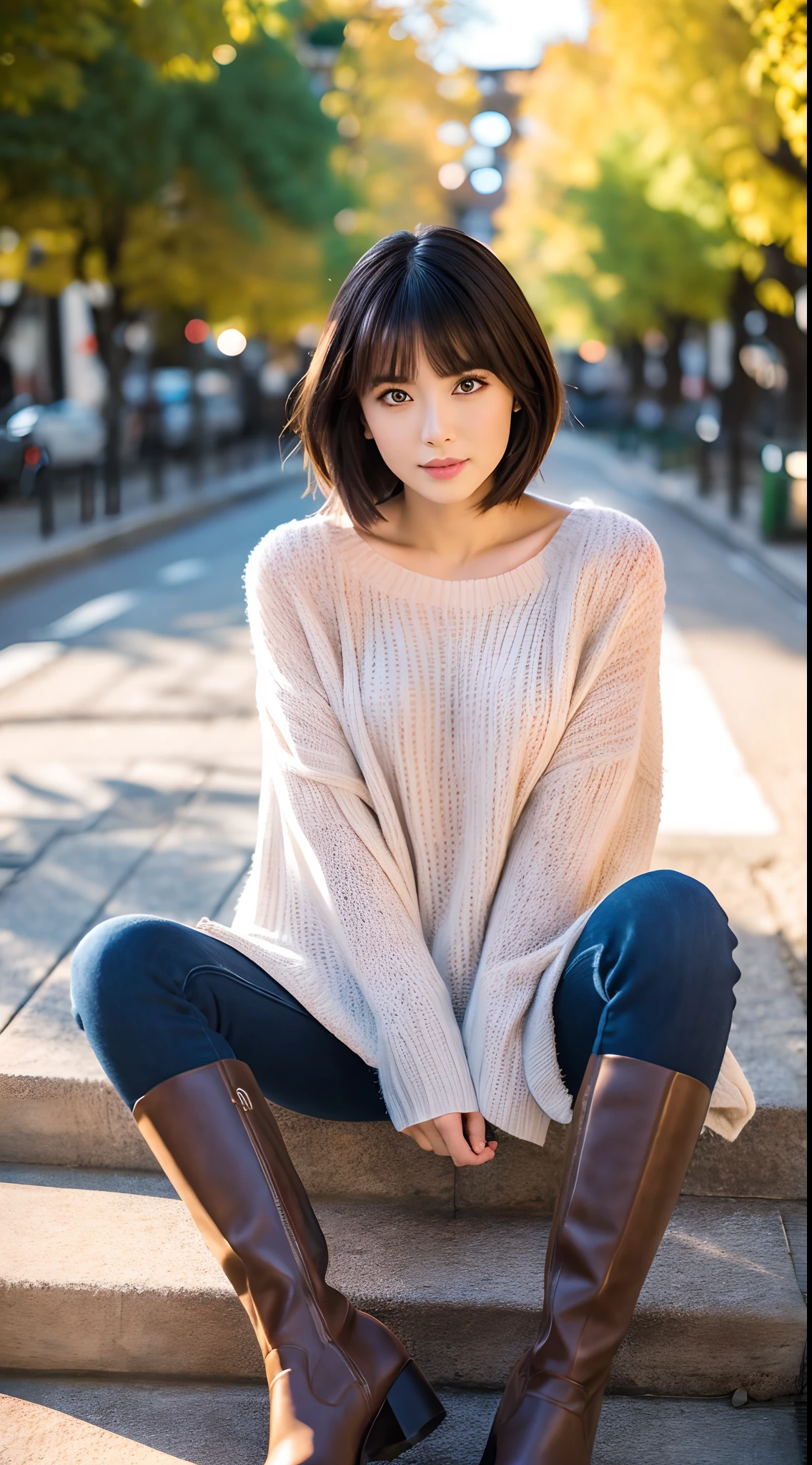 Best Quality, 8k, 32k, Masterpiece, UHD: 1.3), Attractive Japan Woman Pictures, One Girl, (full body : 1.0), Abs, Perfect Body, (oversized tunic sweater : 1.1), (boots:1.1), Ultra Detailed Face, Detailed Lips, Fine Eyes, Double Eyelids,short hair,Disheveled Hair,