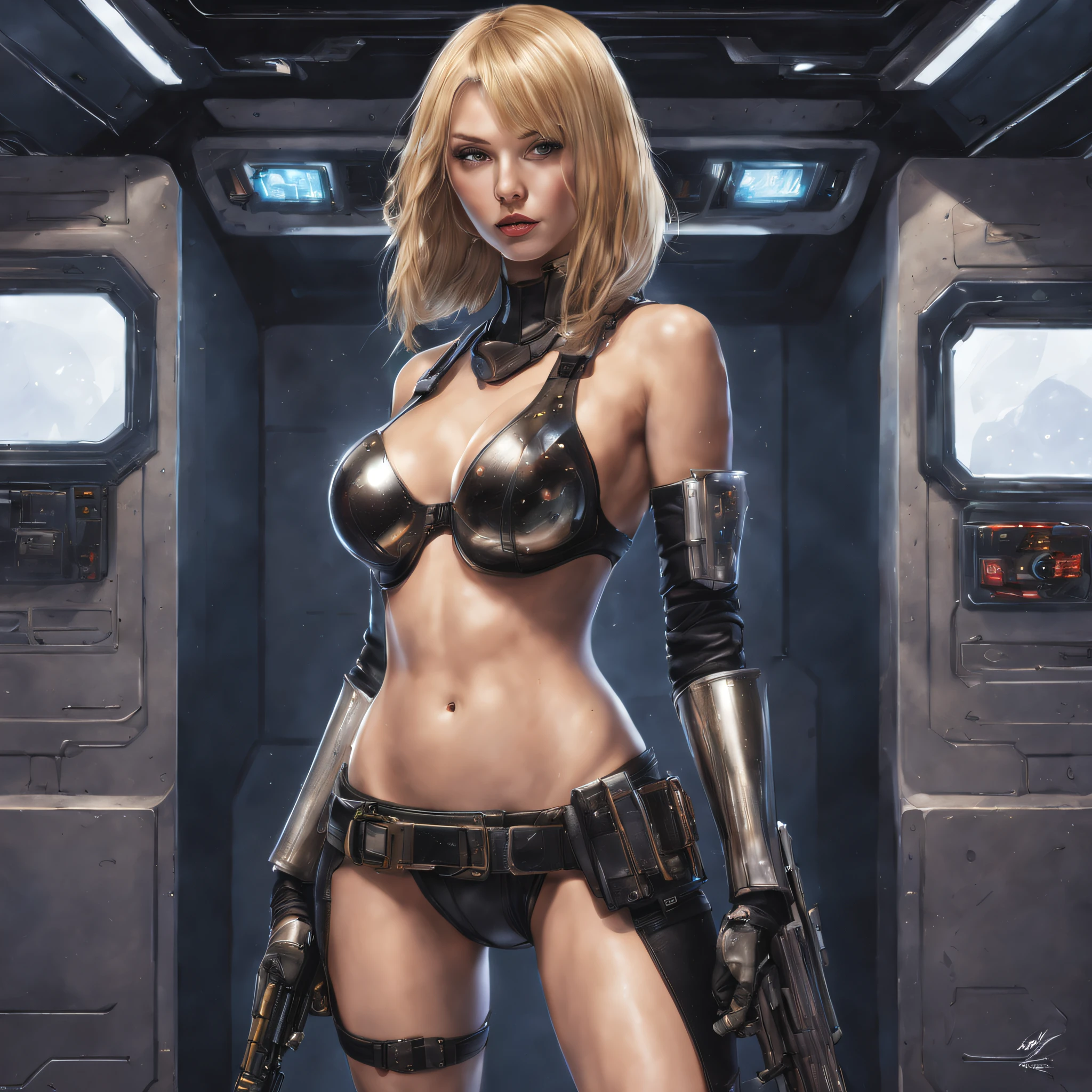 Photo-realistic, Arafed tall woman in a bikini posing on a black base, long blonde hair, long black boots, bikini with space suit element design, full pose, sexy pose, gorgeous style, full body close-up shot, on the right thigh gun holster, holding gun in right hand, inside a spaceship, a woman in a bikini sitting on a surface with a gun, inspired by Masamune Shirow, knights of zodiac girl, pinup. lord of daggers, inspired by Clyde Caldwell, lodoss, portrait knights of zodiac girl, gorgeous, inspired by Barclay Shaw, dorian cleavenger