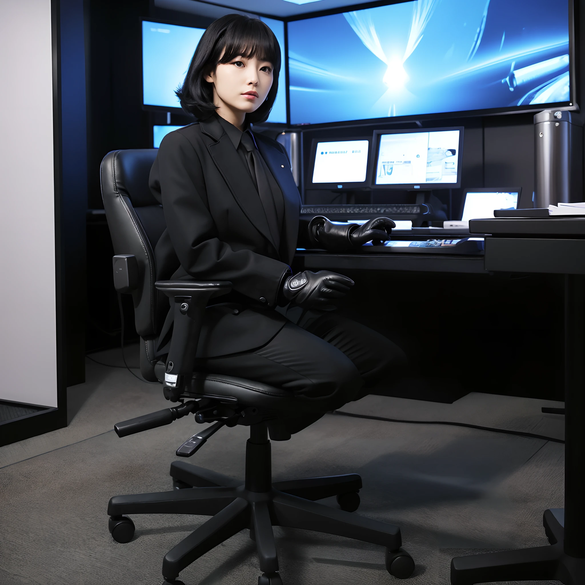 Wearing a black business pantsuit, Office in the Dark, facing a desk、While looking at the screen, tap the keys on the black laptop keyboard with the fingertips of the black leather gloves,Sitting on a large chair with a black leather backrest、 Black hair was tied back for a long time, Japan Female New Employees (Black leather gloves cover both hands) (The angle is frontal)、Black leather long boots