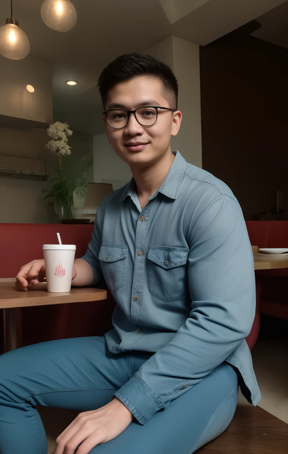 1man, eyeglasses, soto ayam, soto ayam in the table, restaurant vibes background, blue jeans, formal blue shirt, white sneakers,