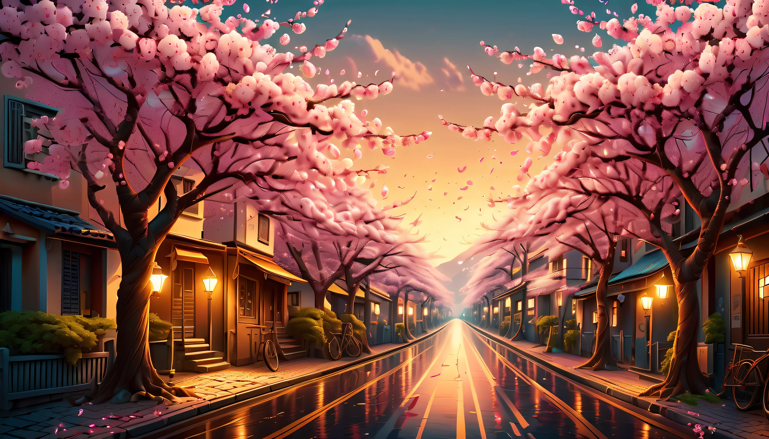 (((cherry blossom and street illustration intricate details))), dreams are released in the distant sky, spring is scattered,echoing in this farthest land, reincarnations reflected in eyes as look up at the sky.where will carry the lost tomorrow, blows across the dull-colored shining sea, small boats swaying in the wind,illuminating the endless track of dreams,destiny will burn out, wander aimlessly, become the light that shines through my heart, and release my dreams in the distant sky, farthest reaches,if the map of sadness reverberated through the earth,scars of timeless days would be scattered,countless winds, in the blinking distance, shadow swayed in the endless rut of dreams, (((intricate insane details:1.3))), (((extremely intricate details))), (((fantasy masterpiece:1.3))), (((sharpness and clarity unmatched:1.3))), ultra realistic, (((radiosity rendered in stunning 32k resolution:1.3))), highest quality, highly quality, Neo-realism,