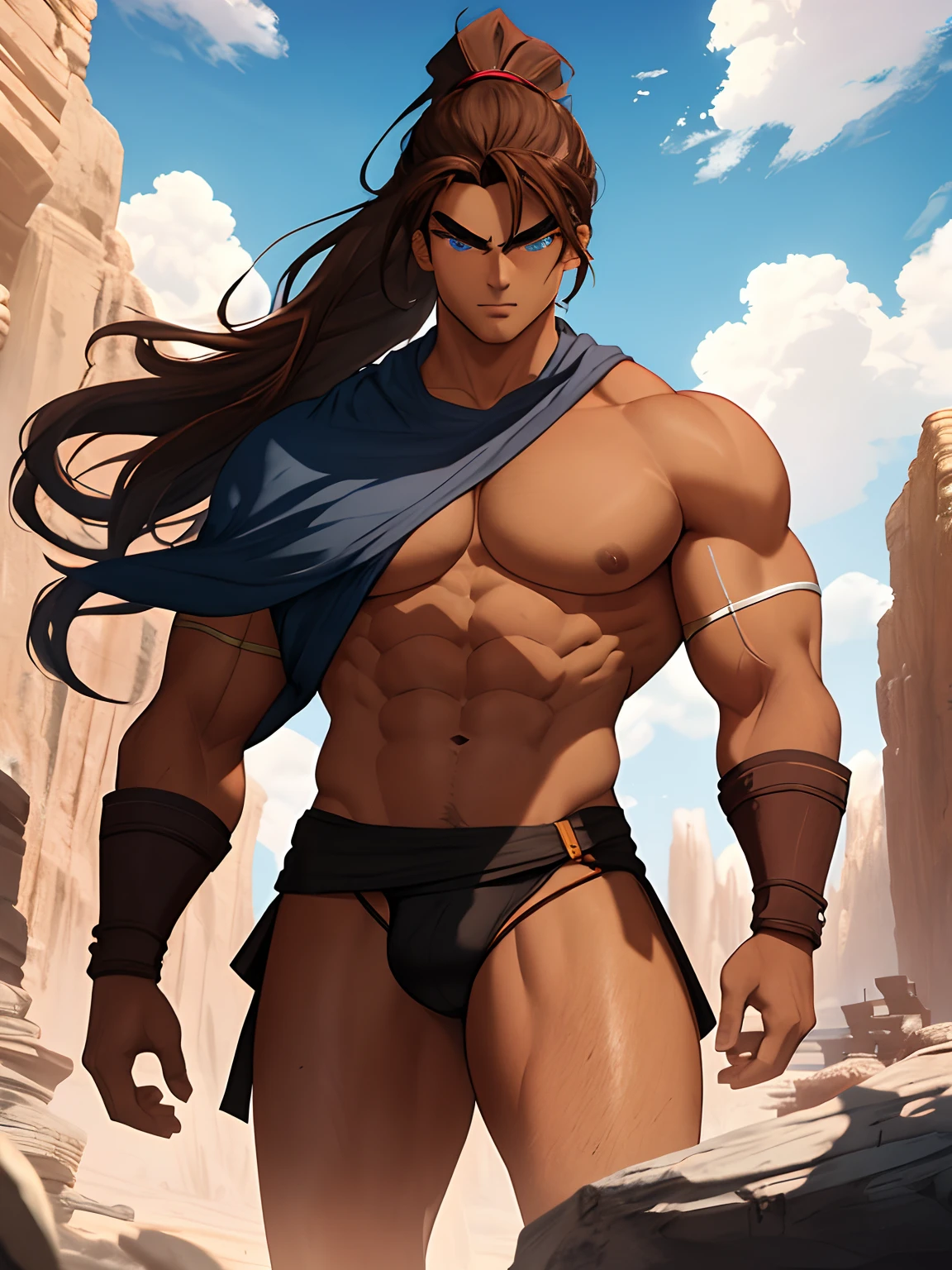 TANNED BOY. Conan Exiles style, standing in front, (((((front))))) Full body volumetric lighting, muscles highlighted by light, Front light, Young bodybuilder, clean-shaven, Warrior, has no chest hair () (Young face), Tanned skin (swarthy skin), muscular body (Good anatomy) 180 kg, body full of massive muscles, bodybuilder's body, narrow waist, huge pecs, very wide shoulders, V-shaped body, gigachad, massive muscles, Mexican facial features, dark brown hair, hair blown by the wind, Hair in a ponytail with bangs falling over the forehead and on Both Sides of Face, White Sclera, Blue Eyes (Detailed Eyes) Big Eyes, ((Blue Eyes)), Teen Face, prominent pecs and abs, noticeable biceps, Shirtless, topless, wears a tight string thong, crotch bulge, almost naked, beautiful face, young face, perfect face, Ruins of a Jedi temple in a rocky desert behind it, Sunny day, Few clouds in the sky. SHIRTLESS, TOPLESS, SHIRTLESS, TOPLESS, SHIRTLESS, TOPLESS, SHIRTLESS, TOPLESS,