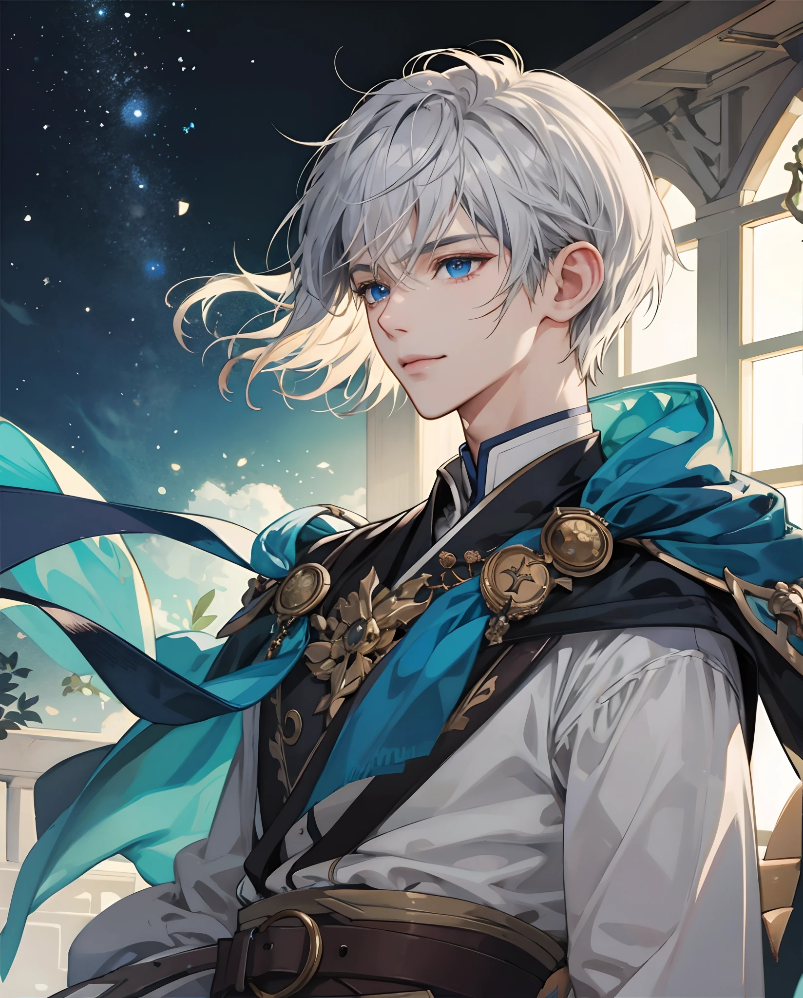 masterpiece、top-quality、超A high resolution、2D Bishonen、animesque、 Boy、Elven ears、Silvery hair、short-haired、knights、Beautiful blue eyes、The clothes are also depicted in detail、Eyes are depicted in detail、The face is depicted in detail、soio、Gentle smile、hair adornments、animesque、illustratio