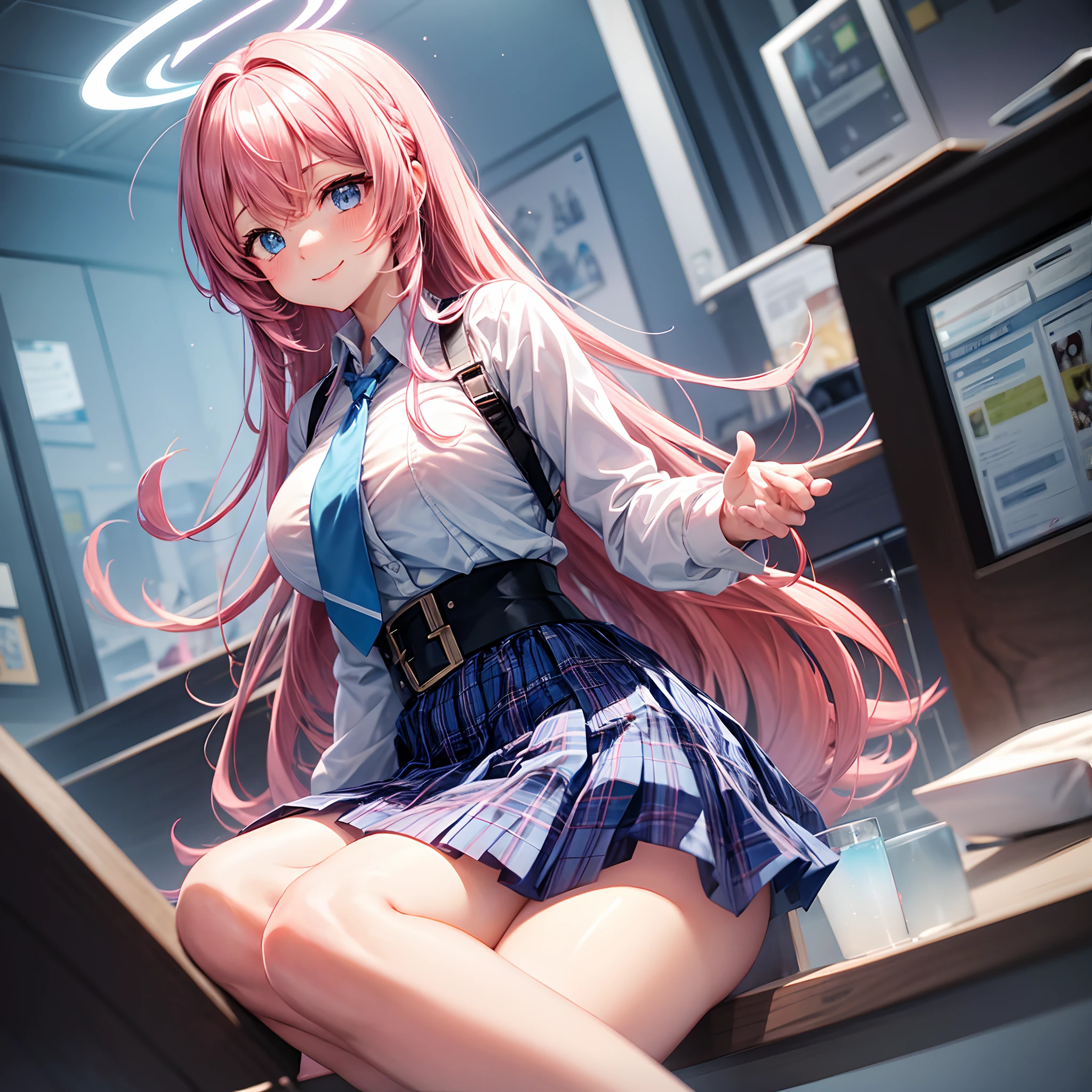 1girl in, Hoshino (Blue Archive), Solo, Heterochromia, Pink hair, Skirt, Long hair, blazers, Ahoge, Shirt, Halo, plaid skirts, a beauty girl,Blue eyes, Plaid, Looking at Viewer, White shirt, Sitting, huge tit,Orange Eyes, Chest Harness, Harnes, Long sleeves, ID Card,, Very long hair, Collared shirt, Smile, blue necktie, Bangs, foot out of frame, between legs, hand between legs,beautiful a girl, blush, hair between eye, hight resolution,masutepiece, Best Quality