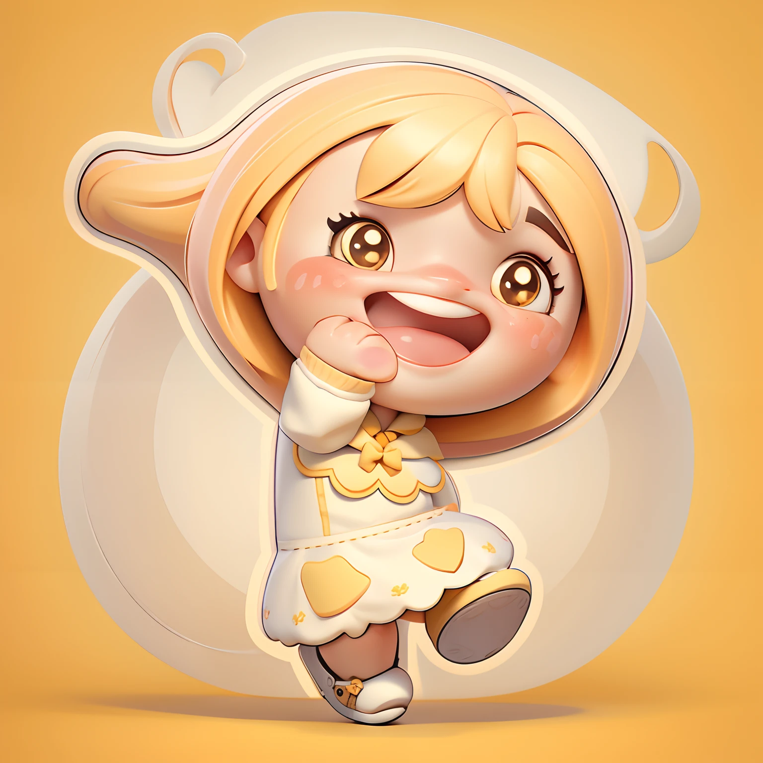 Create a collection of cute baby chibi style girl dolls，Each has a lot of detail and 8K resolution. All dolls should follow the same solid color background pattern，And complete in the image, Pubic Area Showing (full bodyesbian, including legs: 1.5)

Mini cute dolls: Call her Marina. She must have small, orange-yellow gradient hair. Your eyes should be large and expressive, Long eyelashes and rosy cheeks. Delicate white smile. Sophie must wear a little fluffy dress, Bib skirt and cute hat. eery. Be sure to add details to your clothes, Such as buttons and pockets, Cute shoes

Make sure to add a shadow, Texture and detail of hair, The clothes ar,  Make them more cute and charming.