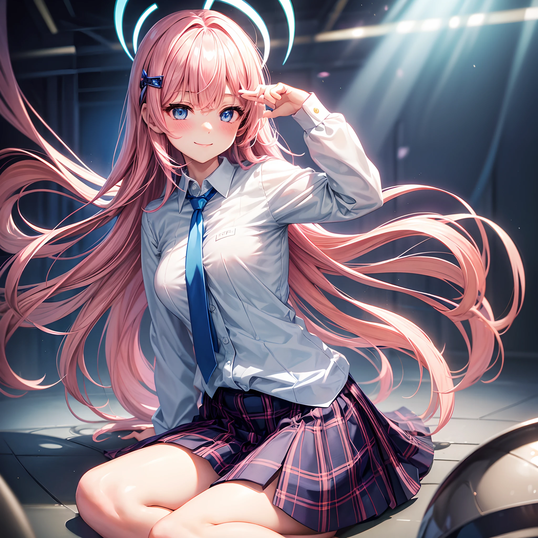 1girl in, Hoshino (Blue Archive), Solo, Heterochromia, Pink hair, Skirt, Long hair, neck tie, Ahoge, Shirt, Halo, plaid skirts, a beauty girl,Blue eyes, Plaid, Looking at Viewer, White shirt, Sitting, Orange Eyes, Chest Harness, Harnes, Long sleeves, ID Card,, Very long hair, Collared shirt, Smile, blue necktie, Bangs, foot out of frame, between legs, hand between legs, blush, hair between eye, hight resolution,masutepiece, Best Quality