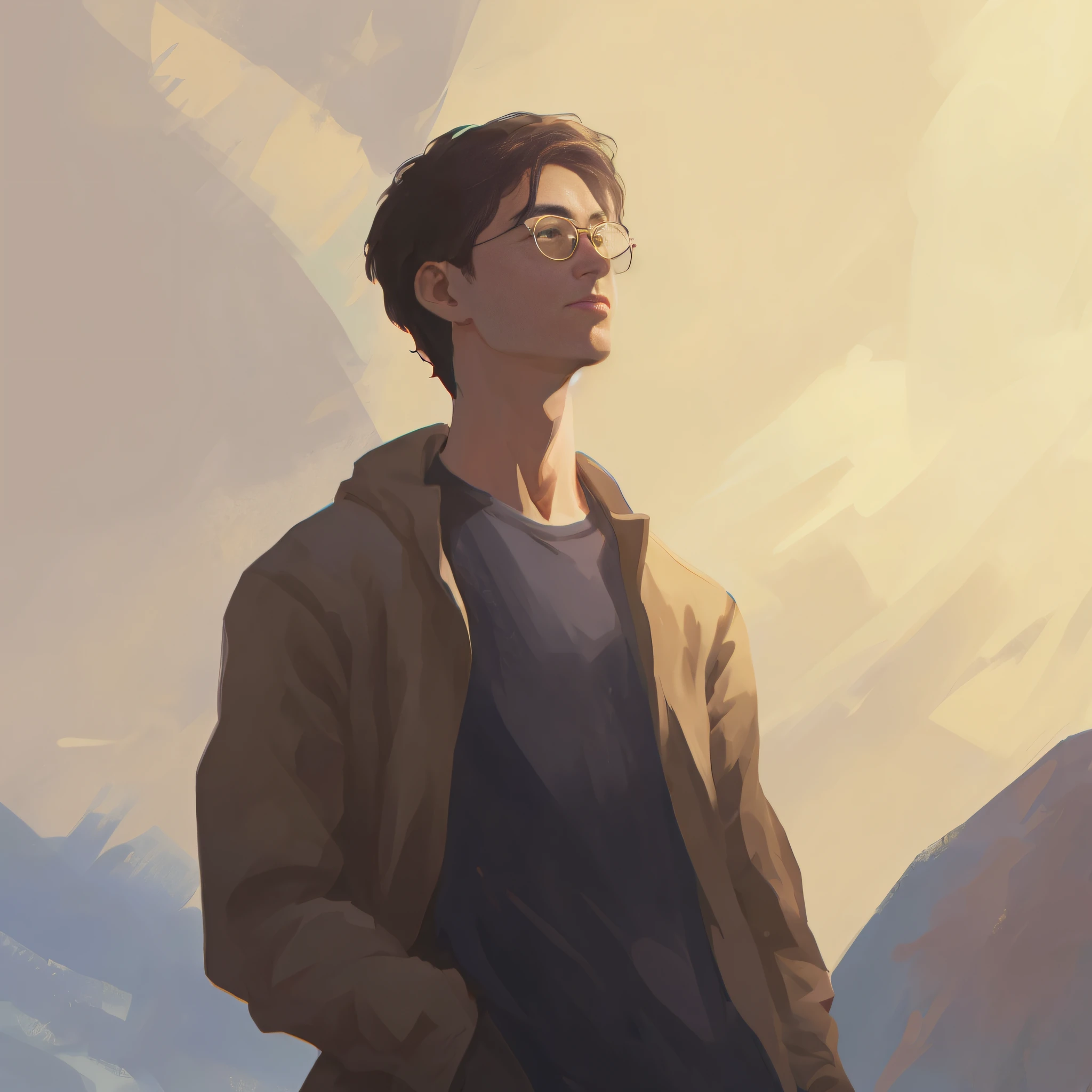 There was a man standing in front of the mountain,Wear a jacket, Guviz-style artwork, harry potter portrait, lofi portrait, rob rey and kentaro miura style, Makoto Shinkai. a digital rendering, half-body portrait, drawn in anime painter studio, made with anime painter studio, 2d portrait, inspired by Raymond Han
