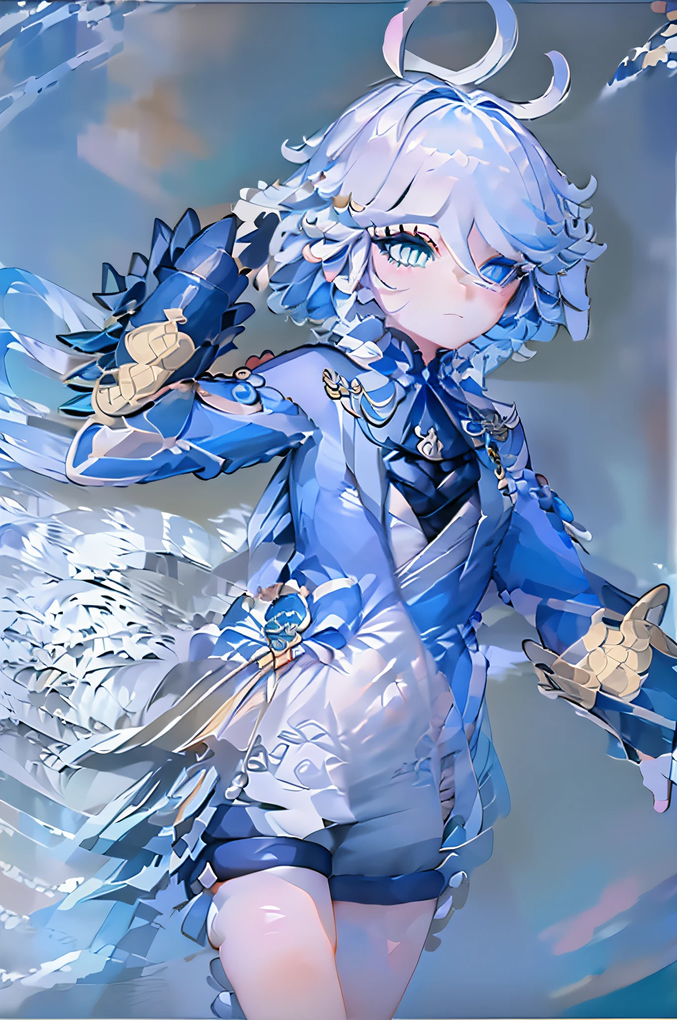 style of anime+Blue+little wings+Lori huge breasts cleavage+Frontal view