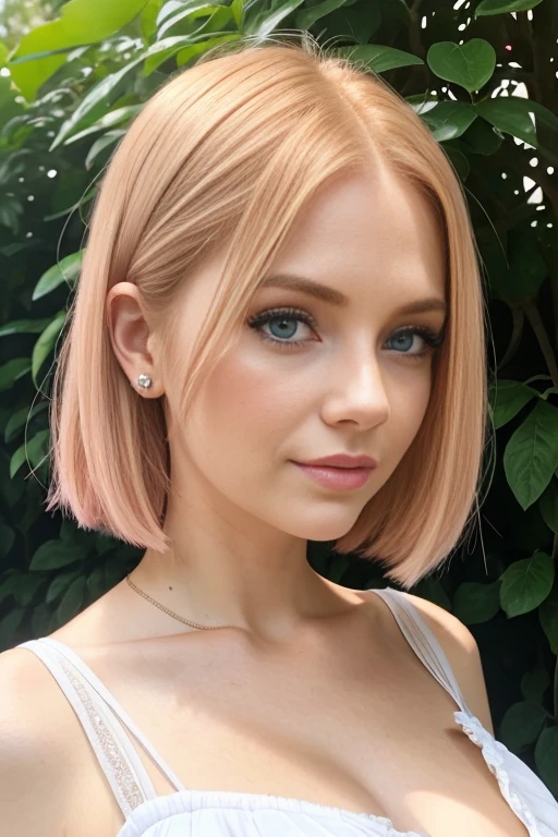 Petite 30 year old woman with light strawberryblonde hair in a straight undercut bob and striking blue eyes wearing eye liner, pink lips, in a white summer dress, detailed face, cleavage, nose stud