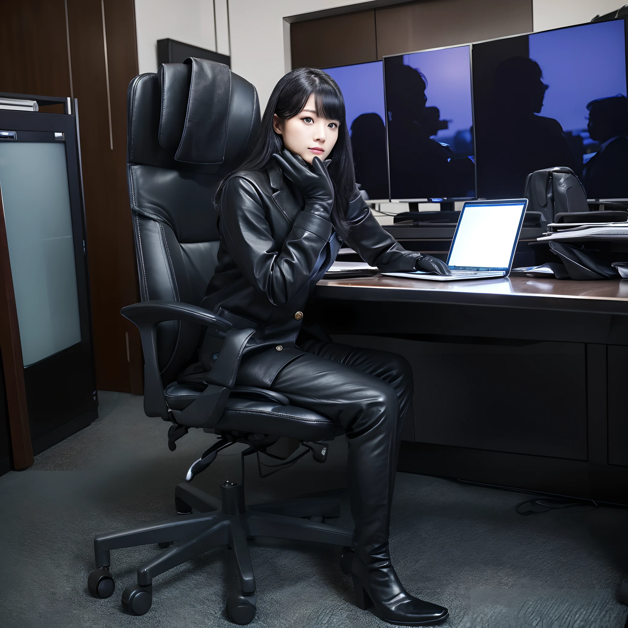 Wearing a black business pantsuit, Office in the Dark, facing a desk、While looking at the screen, tap the keys on the black laptop keyboard with the fingertips of the black leather gloves,Sitting on a large chair with a black leather backrest、 Black hair was tied back for a long time, Japan Female New Employees (Black leather gloves cover both hands) (The angle is frontal)、Black leather long boots