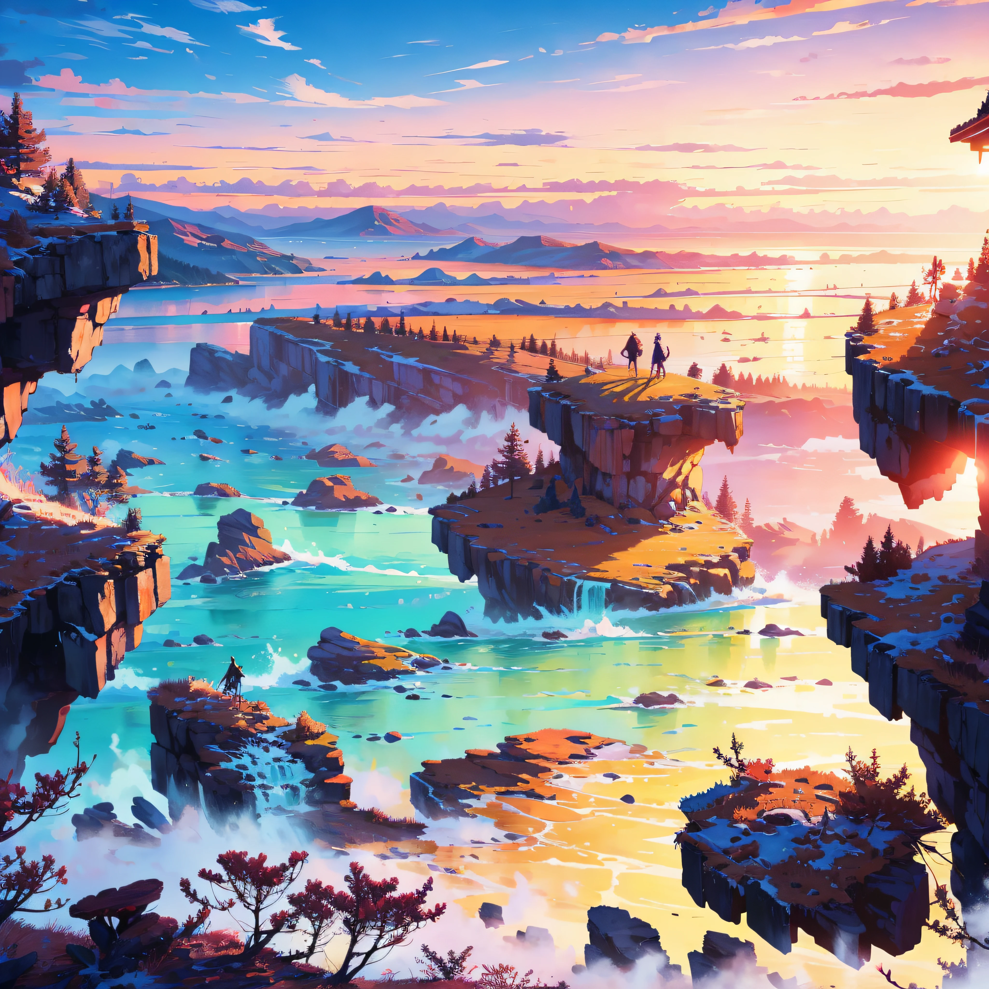 "Captivating sunset scene, vibrant and vivid colors, breathtaking evening glow, picturesque wide-angle view, meticulously captured with high-definition clarity and a touch of naturalistic style."