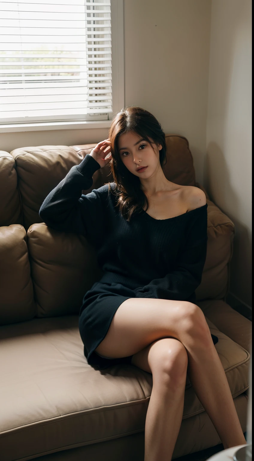 1girll,Sit on a comfortable sofa,Cross ed leg,Soft light