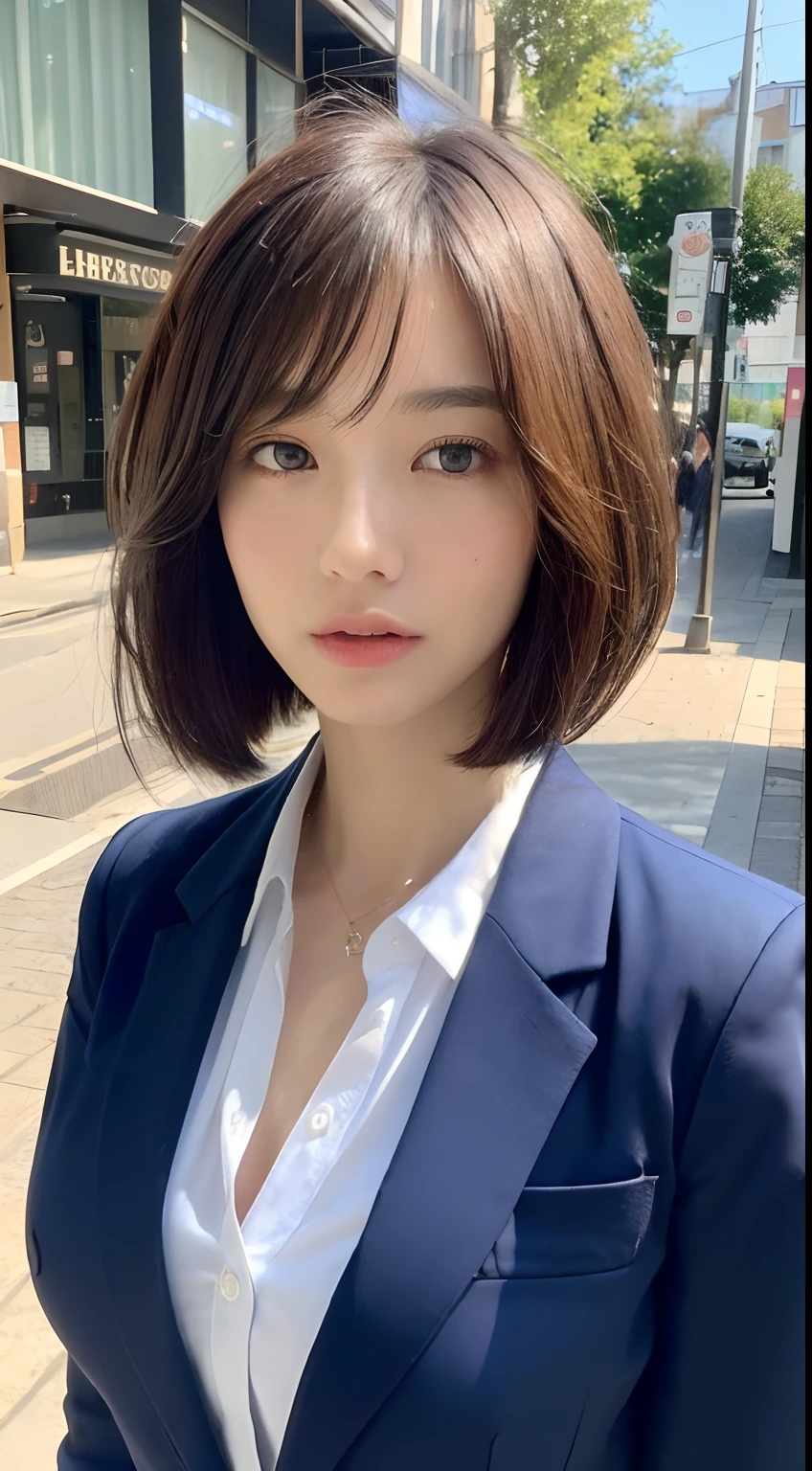 ((Best quality, 8k, Masterpiece :1.3)), Sharp focus :1.2, A pretty woman with perfect figure :1.4, Slender abs :1.2, ((Layered haircut, Big breasts :1.2)), (Blazer over very thin white button up shirt :1.1), City street:1.2, Highly detailed face and skin texture, Detailed eyes, Double eyelid