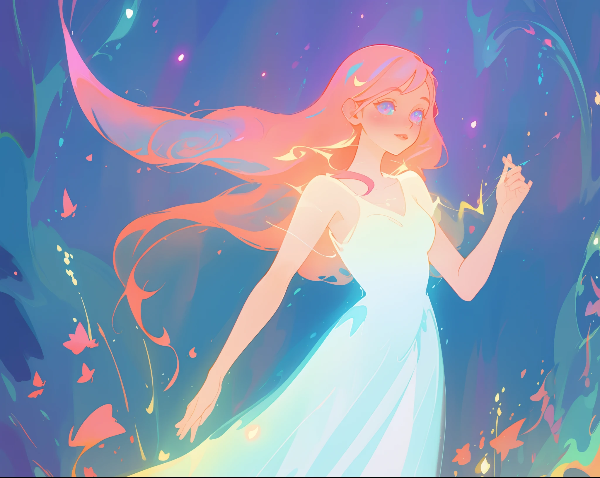 beautiful girl in flowing white dress, vibrant pastel colors, (colorful), magical lights, long flowing colorful pink hair, inspired by Glen Keane, inspired by Lois van Baarle, disney art style, by Lois van Baarle, glowing aura around her, by Glen Keane, jen bartel, glowing lights! digital painting, flowing glowing hair, glowing flowing hair, beautiful digital illustration, fantasia background, whimsical, magical, fantasy, beautiful face, ((masterpiece, best quality)), intricate details, highly detailed, sharp focus, 8k resolution, sparkling detailed eyes, liquid watercolor