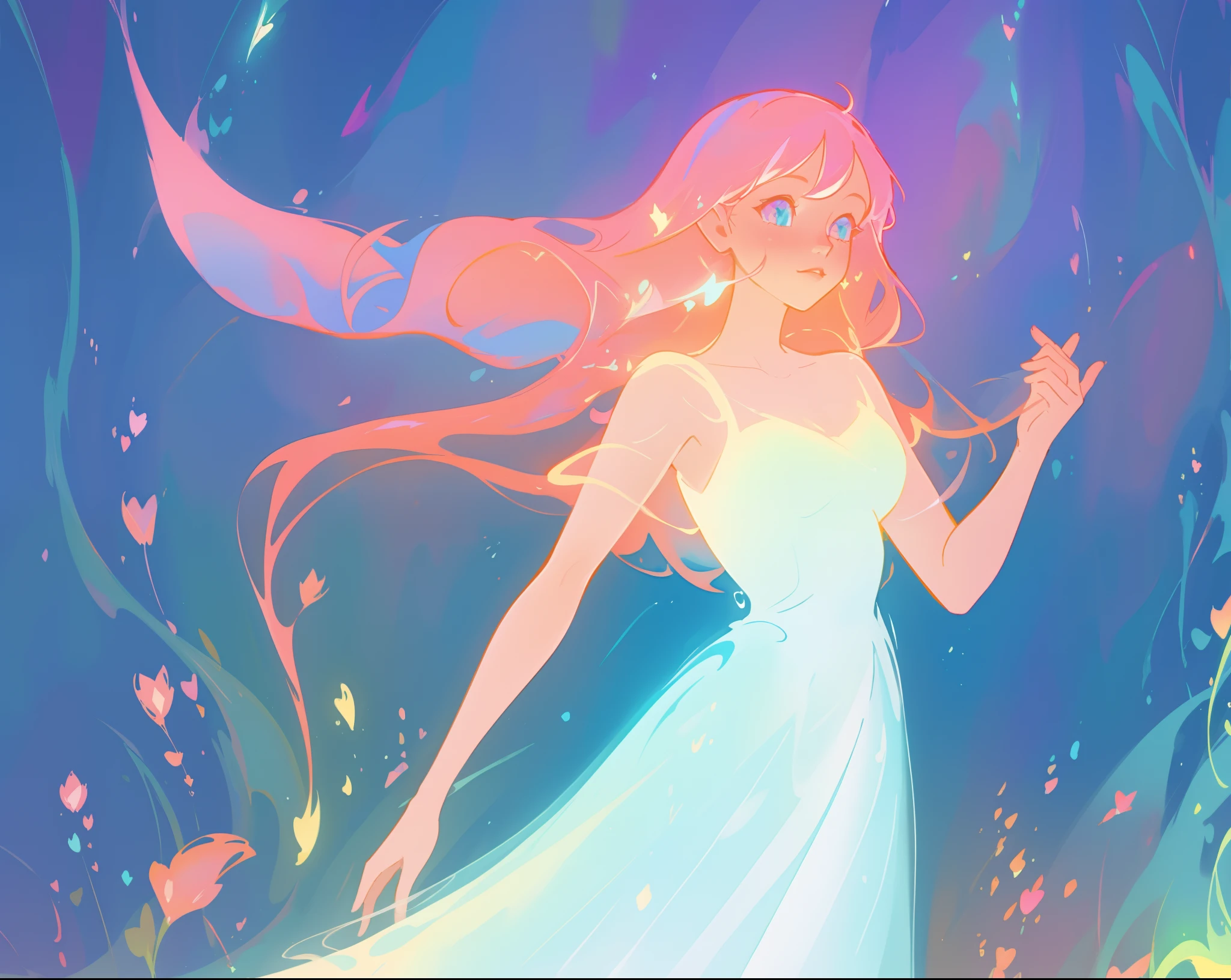 beautiful girl in flowing white dress, vibrant pastel colors, (colorful), magical lights, long flowing colorful pink hair, inspired by Glen Keane, inspired by Lois van Baarle, disney art style, by Lois van Baarle, glowing aura around her, by Glen Keane, jen bartel, glowing lights! digital painting, flowing glowing hair, glowing flowing hair, beautiful digital illustration, fantasia background, whimsical, magical, fantasy, beautiful face, ((masterpiece, best quality)), intricate details, highly detailed, sharp focus, 8k resolution, sparkling detailed eyes, liquid watercolor