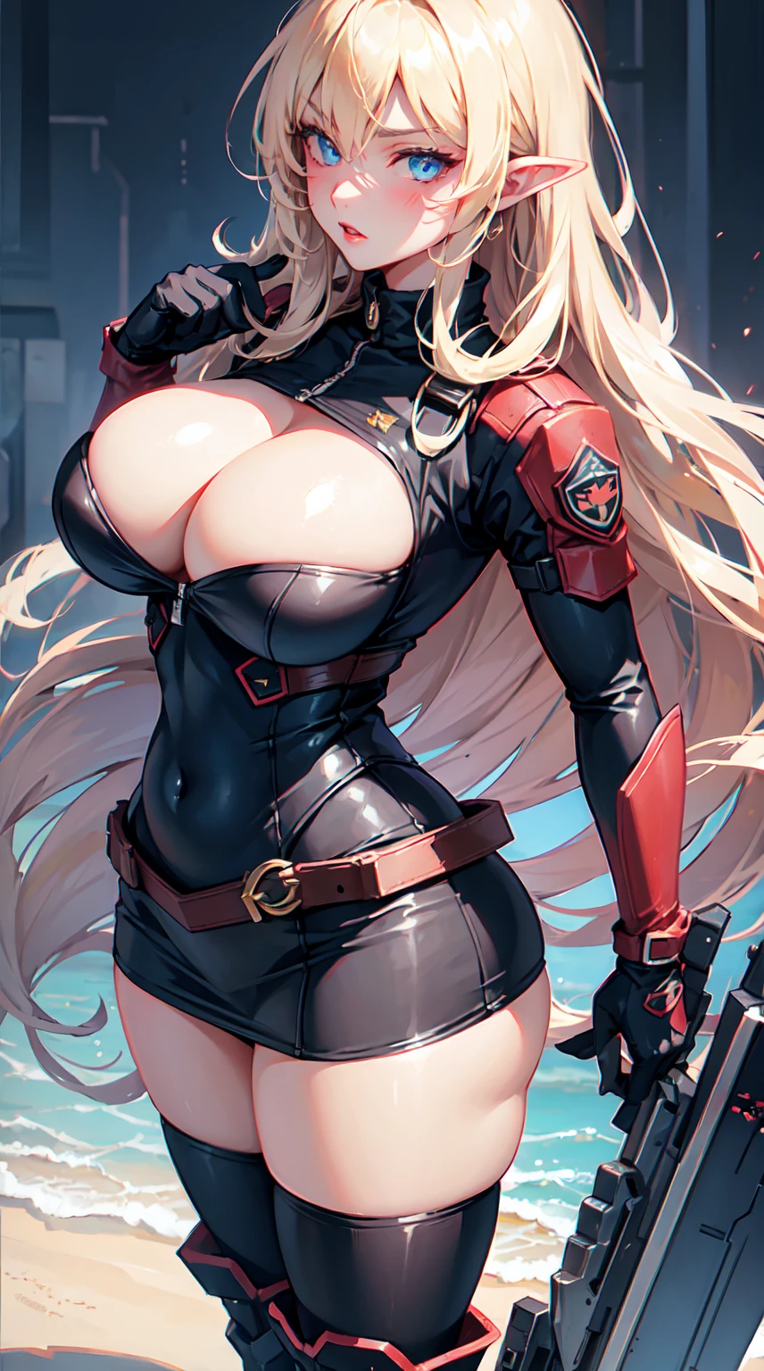 1 woman milf “"Giant breasts" + "large rear" + "wide hips" + "plump thighs" + "blue eyes" + Pointy ears + Very blushing + Vertical scar on right eye (("serious expression")) + "Longcurly blonde Hair" + "Red Lips" + "Lucious Lips"”)}, {“Outfit”: tactical gear, armed forces uniform, gloves, boots})