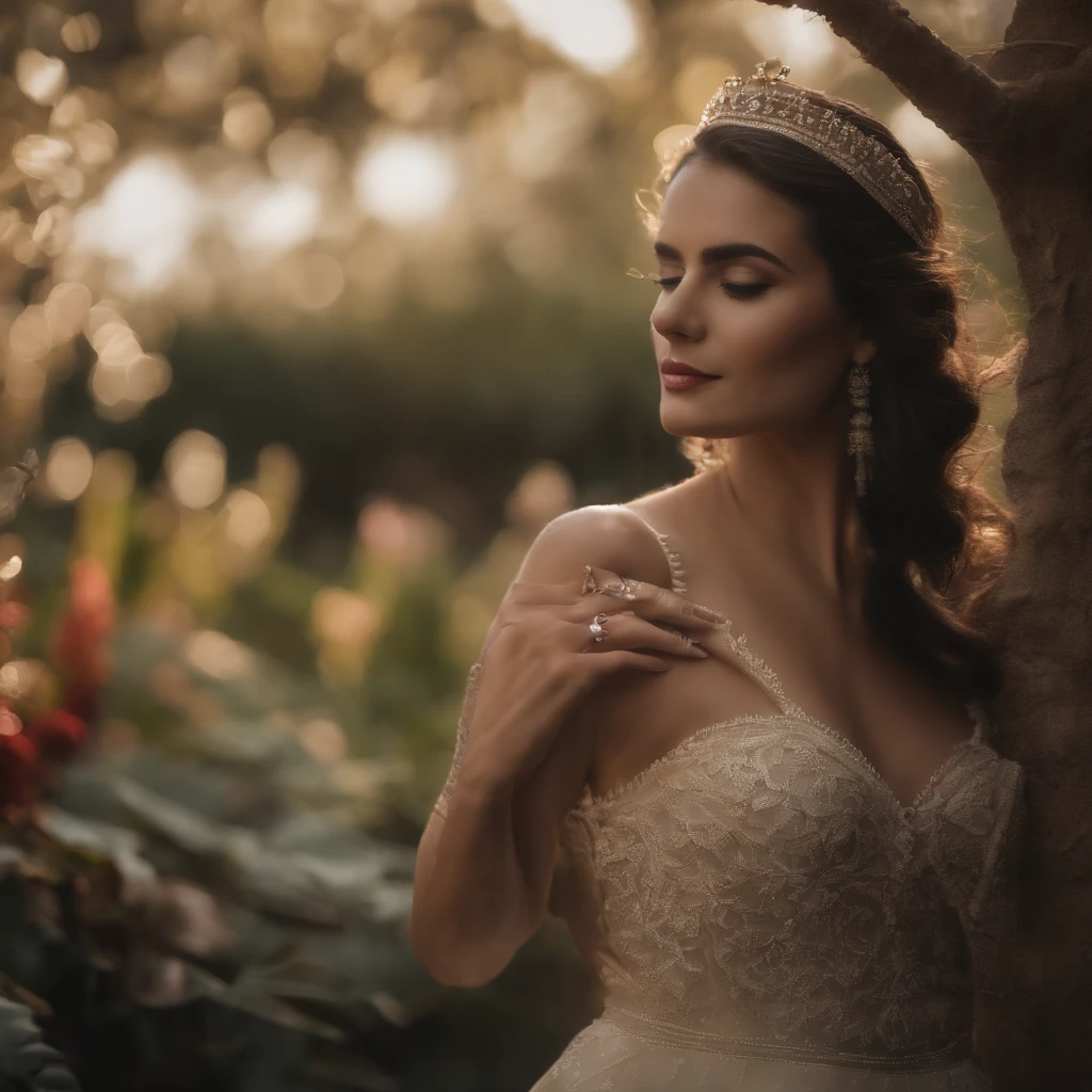 (La mejor calidad,4k,8k,Altas Resoluciones,Obra maestra:1.2),Ultra detallado,(realista,fotorrealista,fotorrealista:1.37),classical,asombroso,hermosos ojos detallados,hermosos labios detallados,Ojos y cara extremadamente detallados,long eyeslashes,oil painting style,Textura del lienzo,vestido anticuado,Golden lighting,Garden landscape,flores coloridas,romantic ambiente,Colores vintage,luz solar suave,serene expression,Pose elegante