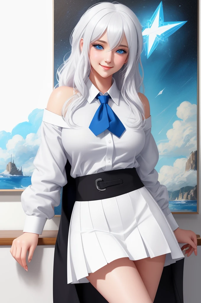 White background, Attractive Blue Eyes, animesque, disheveled hair that is down to the shoulders, white hair, looking happy smile, full bodyesbian, No tie, Women's miniskirts, 14years, Anime-style beautiful girl, hyper detailed painting, luminism, 4K resolution, 3d rendered, octan render, complexly detailed, Cinematic, Trending in art stations,Isometric Centered Hyper Realistic Cover Photo Awesome Full Color, handdraw, big-boned, Realistic Musa, Intricate, hit definition, Cinematic, rough sketch, thickline, On paper,Red tie,School uniforms