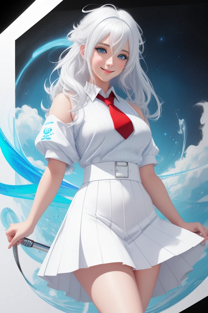 White background, Attractive Blue Eyes, animesque, disheveled hair that is down to the shoulders, white hair, looking happy smile, full bodyesbian, No tie, Women's miniskirts, 14years, Anime-style beautiful girl, hyper detailed painting, luminism, 4K resolution, 3d rendered, octan render, complexly detailed, Cinematic, Trending in art stations,Isometric Centered Hyper Realistic Cover Photo Awesome Full Color, handdraw, big-boned, Realistic Musa, Intricate, hit definition, Cinematic, rough sketch, thickline, On paper,Red tie,School uniforms