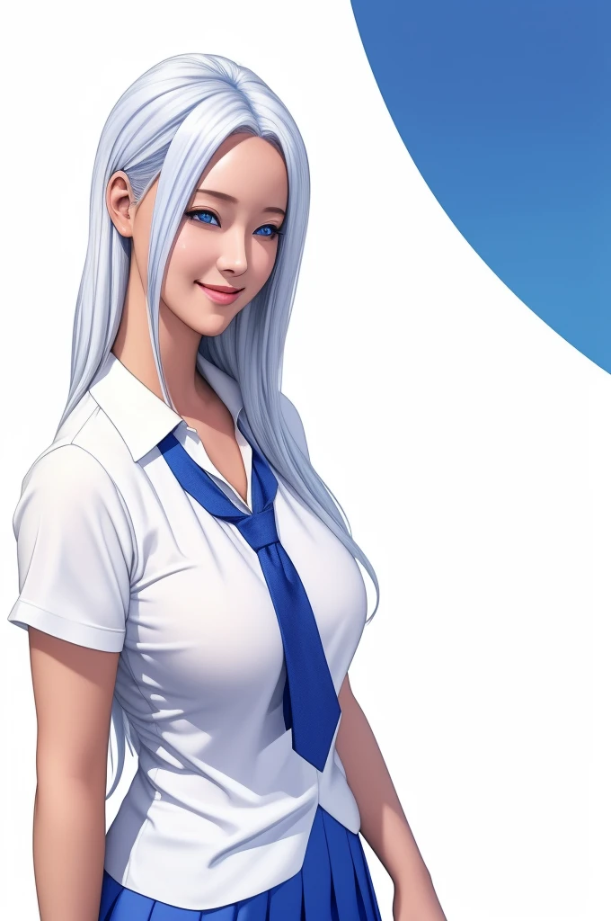 White background, Attractive Blue Eyes, animesque, disheveled hair that is down to the shoulders, white hair, looking happy smile, full bodyesbian, No tie, Women's miniskirts, 14years, Anime-style beautiful girl, hyper detailed painting, luminism, 4K resolution, 3d rendered, octan render, complexly detailed, Cinematic, Trending in art stations,Isometric Centered Hyper Realistic Cover Photo Awesome Full Color, handdraw, big-boned, Realistic Musa, Intricate, hit definition, Cinematic, rough sketch, thickline, On paper,Red tie,School uniforms