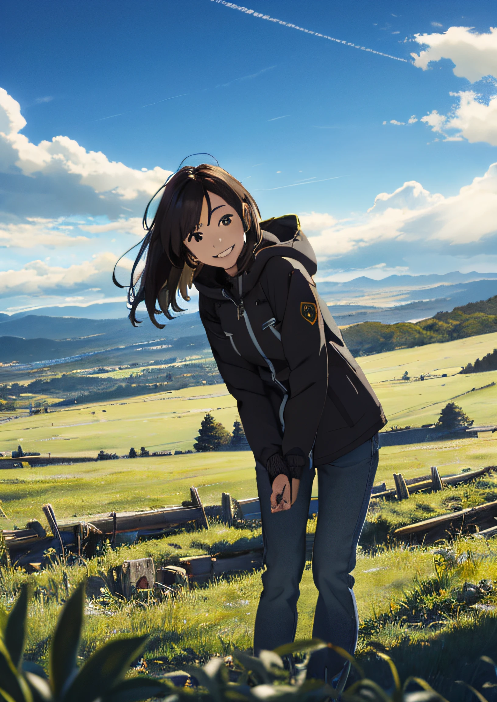 (beautiful and magnificent skyline、Majestic sky)、(dramatic photography)、(high hanging Polaris、the colorful natural light)、(1girl in)、((cute smile face))、The gaze is directed at the camera、(parka、denim pant)、(dynamicposes:6.9 Black Eyes、Black princess cut hair、Shining girl)[:0.8]、(Large grasslands)、(Approaching breeze)、(Adjustment effect of brown hair and background:1.2)、(Close Shot、Long shot mix and match)[::0.9]