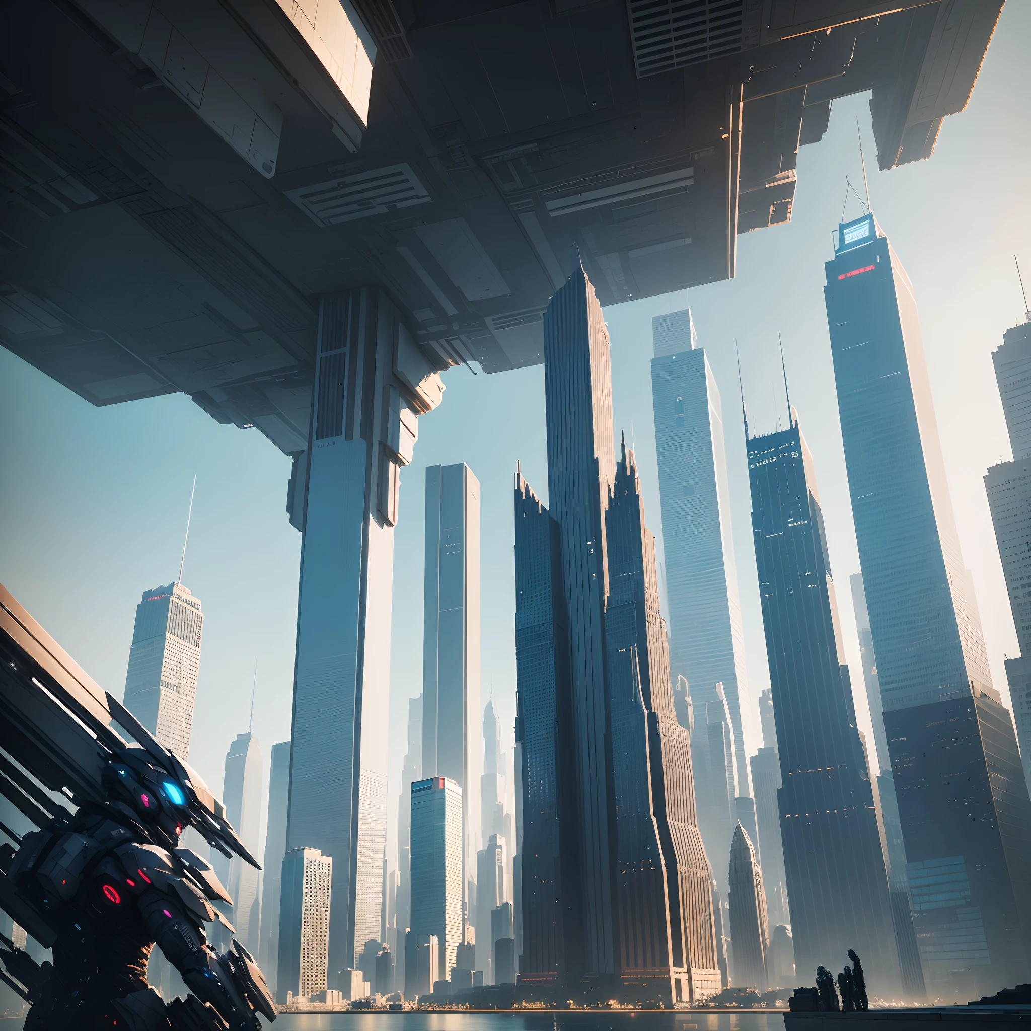 Futuristic skyline with skyscrapers,cyberpunked,超A high resolution,planet earth,masterpiece,100 times the height of the building,Glass skyscraper,SFart by,A world far beyond the imagination of mankind,dream,