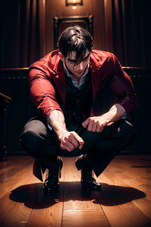 murderous, handsome man, betrayal, anger, dark background, 8K, dynamic wallpaper, very delicate, very dense, squatting